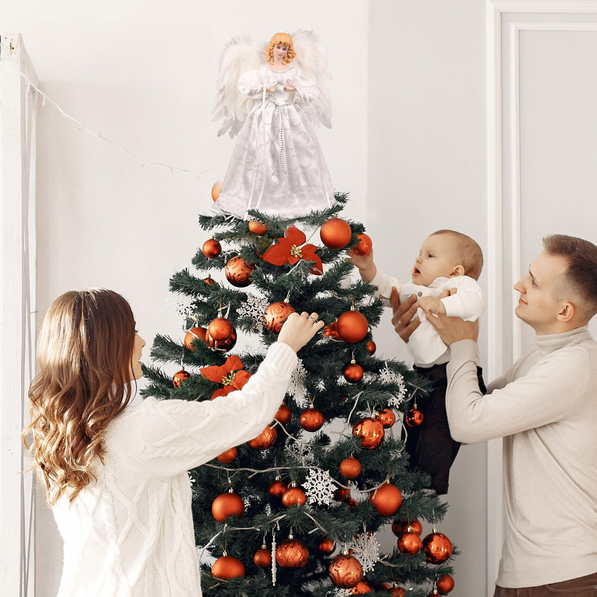 Christmas Tree Topper with Lights | 12.5 inch White Angel Tree Topper | Battery-Powered Tree Toppers Christmas Decorations Rcrirth