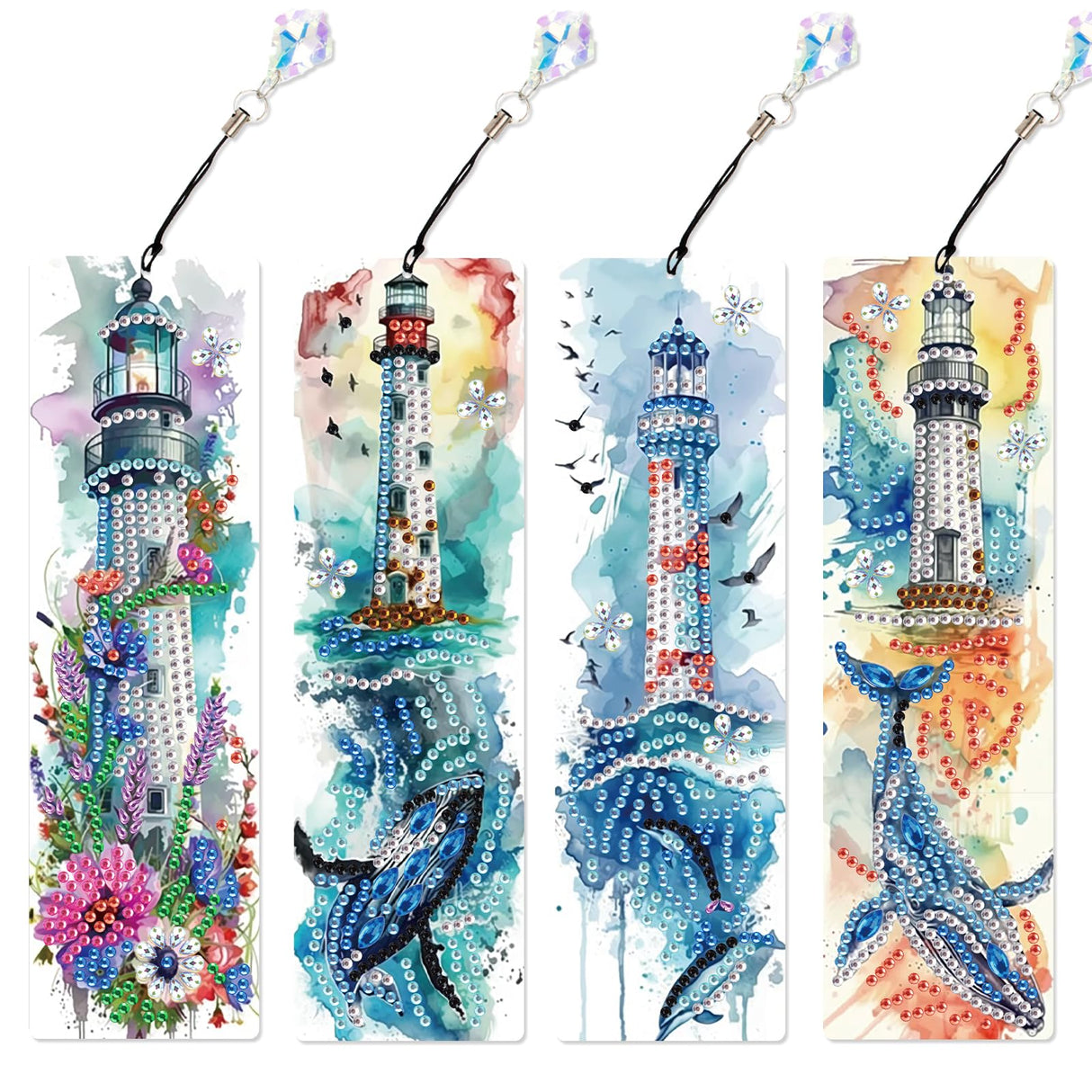 4 Pack Diamond Painting Bookmark Kits Lighthouse and Whale, Special Shaped Diamond Art Bookmarks with Pendant, DIY Handmade Crafts Home Office Supplies Reading Bookmark, Perfect Gift for Book Lovers Focart