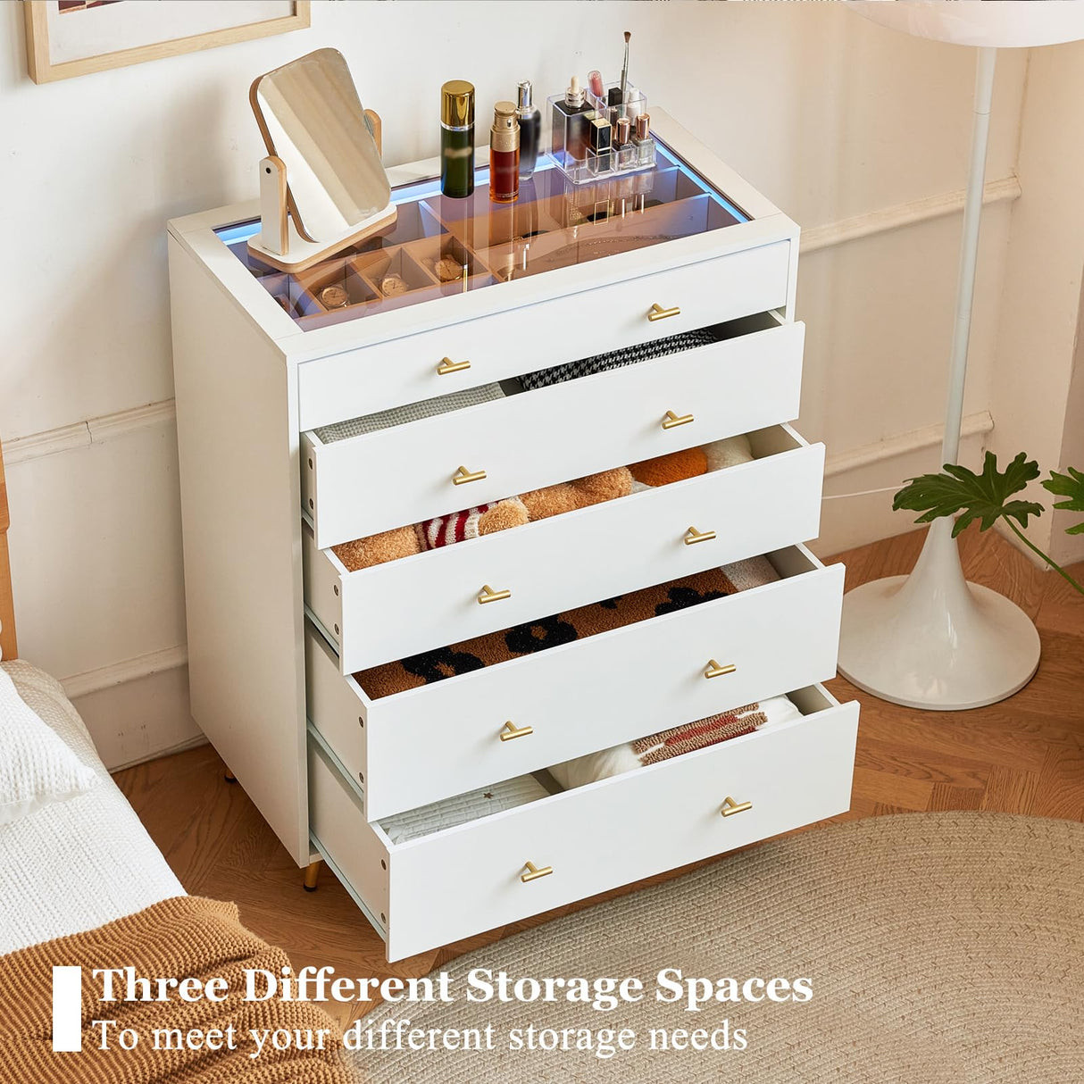 JanflyHome Drawer Dresser with LED Lights, 38" H Tall Tempered Glass Top Dresser, Modern White Wood Chest of Drawers with Jewelry Organizer & Jewelry Display for Bedroom, Living Room, White JanflyHome