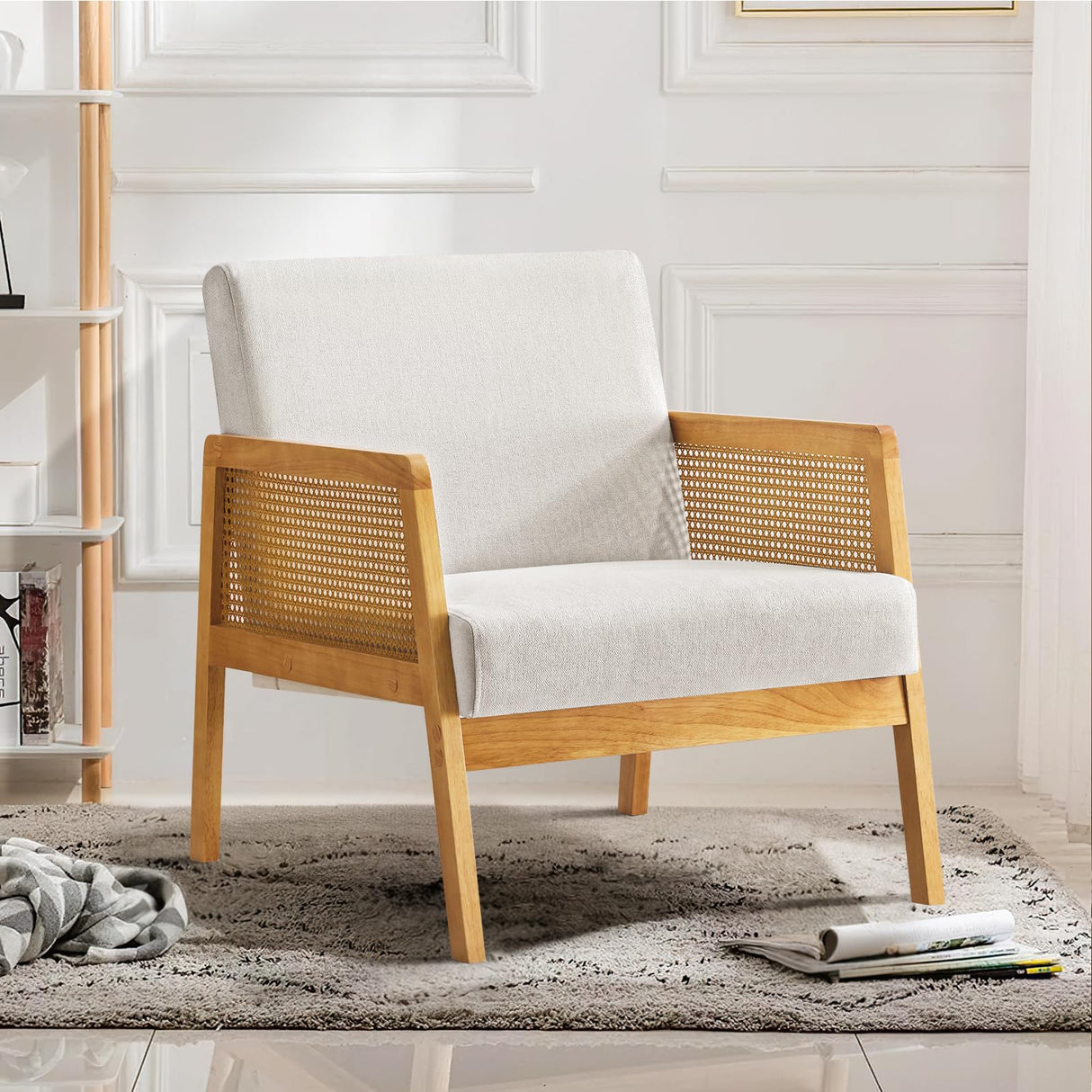 Linen Fabric Accent Chair for Living Room Set of 2, Rattan Webbing Reading Chair with Sturdy Wood Frame, Upholstered Lounge Armchairs for Bedroom, Indoor & Outdoor, Patio Furniture, Beige Furniliving