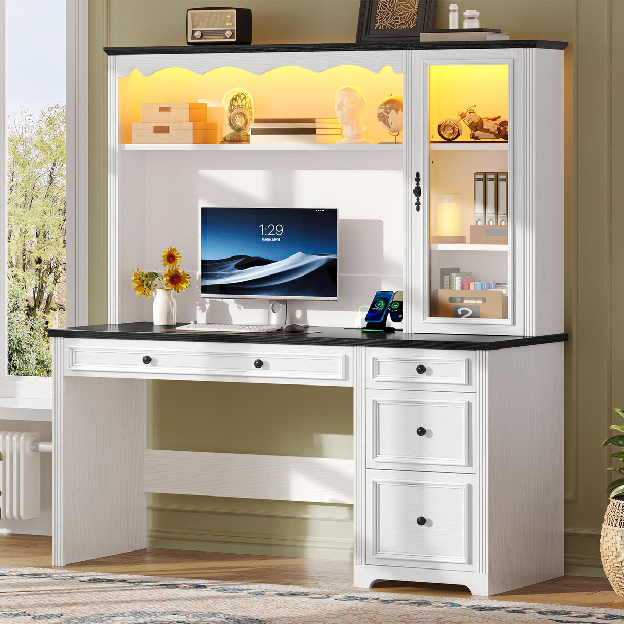 YITAHOME Executive Desk with Hutch and Drawers, Farmhouse Wood Computer Desk with Power Outlet & LED Lights, Home Office Desks with Storage Shelves, Storage Cabinet with Glass Door, White & Black YITAHOME