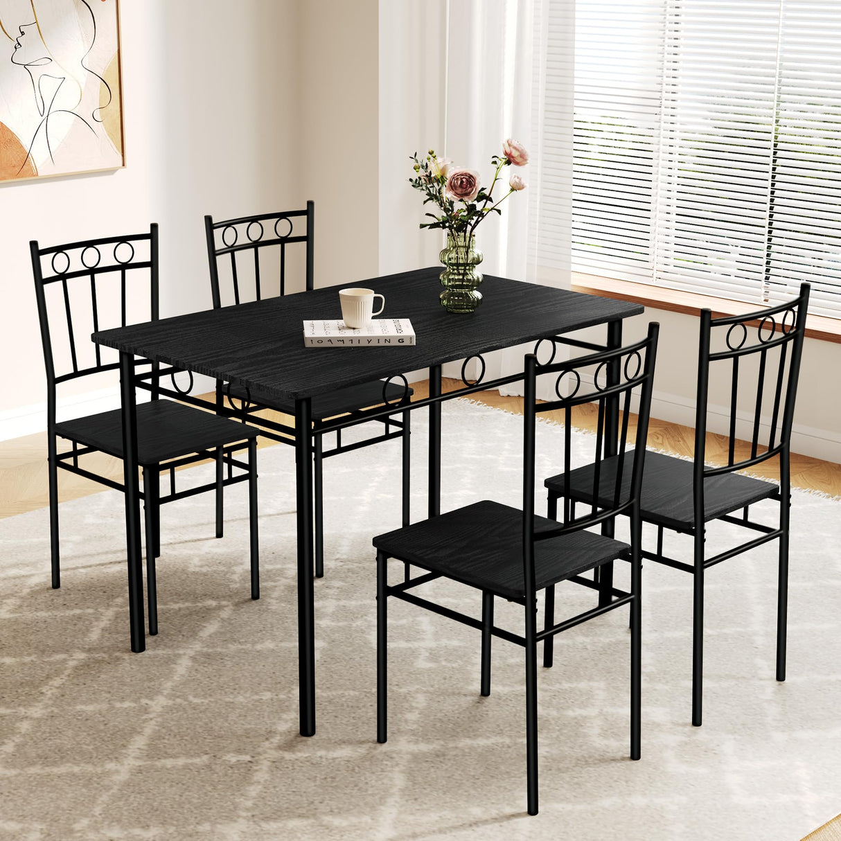 AMICLIBER Dining Table Set for 4, 5-Piece Kitchen Table and Chairs, Rectangular Dining Room Table Set with 4 Chairs, Space-Saving Kitchen Table Set for Small Space,Dinette,Apartment,Pure Black AMICLIBER
