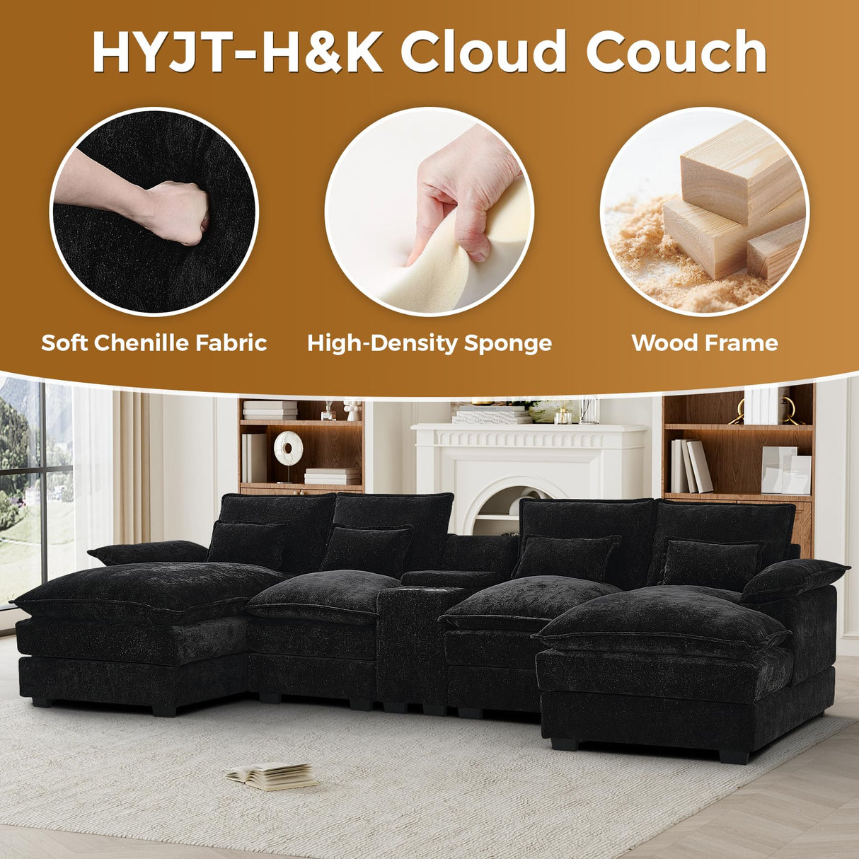 HYJT-H&K 124" U Shaped Cloud Couch Sectional, Comfy Fluffy Chenille Black Sectional Couches for Living Room, Modern Modular Sectionals Sofa with Central Console Double Chaise Lounge Black HYJT-H&K