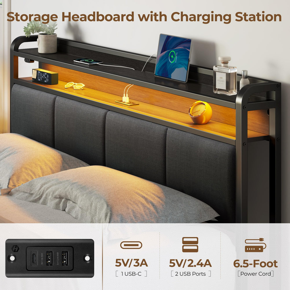 Rolanstar Bed Frame Full Size with Charging Station and LED Lights, Upholstered Headboard with Storage Shelves, Heavy Duty Metal Slats, No Box Spring Need, Noise Free, Easy Assembly, Dark Grey Rolanstar