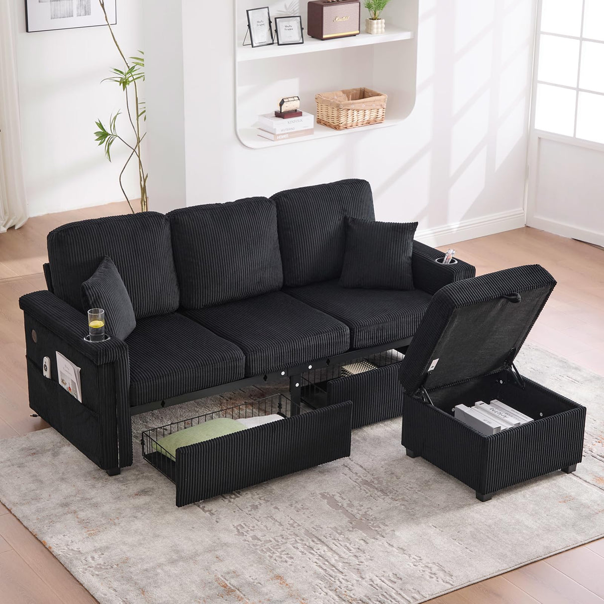76.8" L-Shaped Sleeper Sofa with Storage Ottoman, USB Ports, Cup Holders&LED Lights, Side Pockets, Comfy Corduroy Modern 3-Seater Small Couch Bed for Living Room with 2 Throw Pillows (Black) SLEERWAY