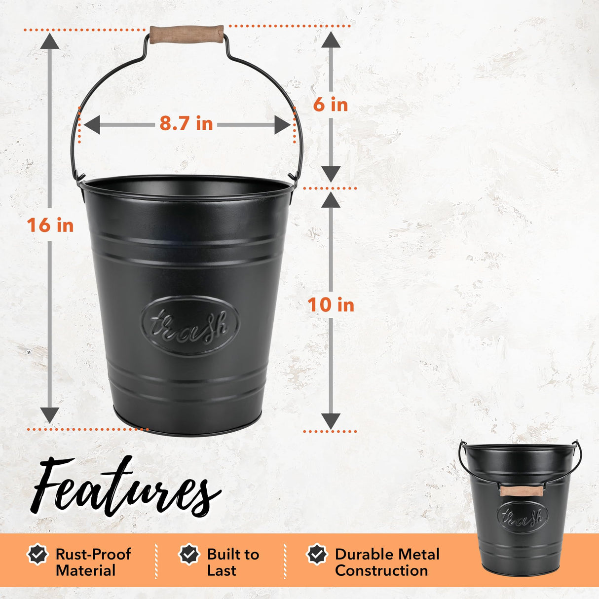 Autumn Alley Farmhouse Bathroom Trash Can - Decorative Rustic Black Trash Can Bucket with Wooden Handle for Bathroom, Bedroom, Office, Kitchen, Western Country Home Décor, 2 Gal., Matte Black Autumn Alley