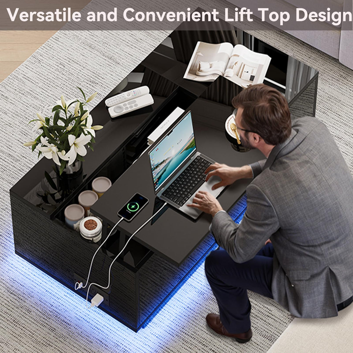 Buenhomino 47" Modern LED Coffee Table with Lift Top, All Black Coffee Table with Storage High Gloss Surface, Hidden Storage with Drawer, Open Shelves, and Built-in Power Outlet for Living Room Buenhomino