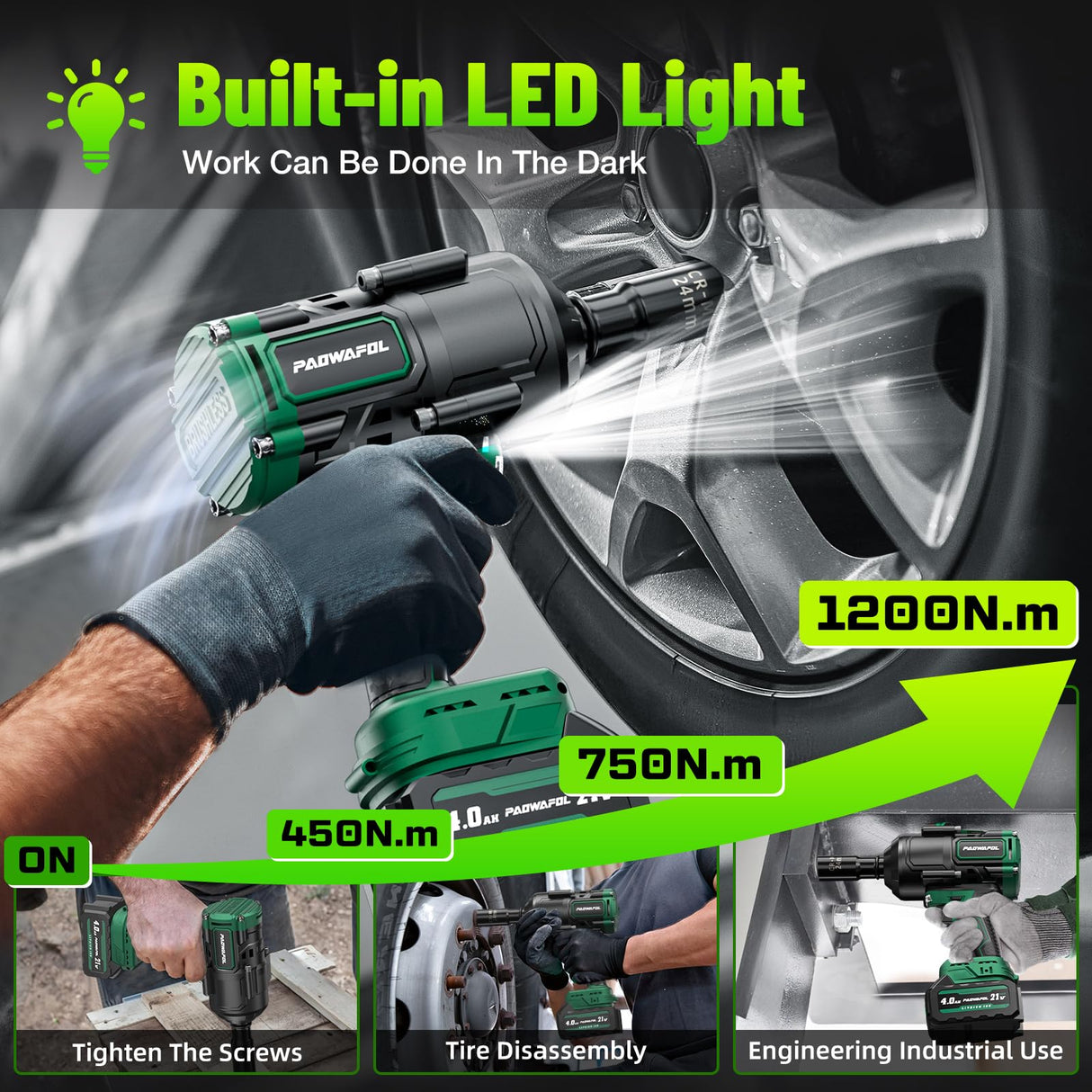 Paowafol 1200N.m(900ft-lbs) Cordless Impact Wrench, High Torque 1/2" Impact Gun with 2* 21V 4.0AH Battery, Fast Charger, 5 Sockets & Storage Case, Brushless Pistola De Impacto for Home Car Truck Tires PAOWAFOL