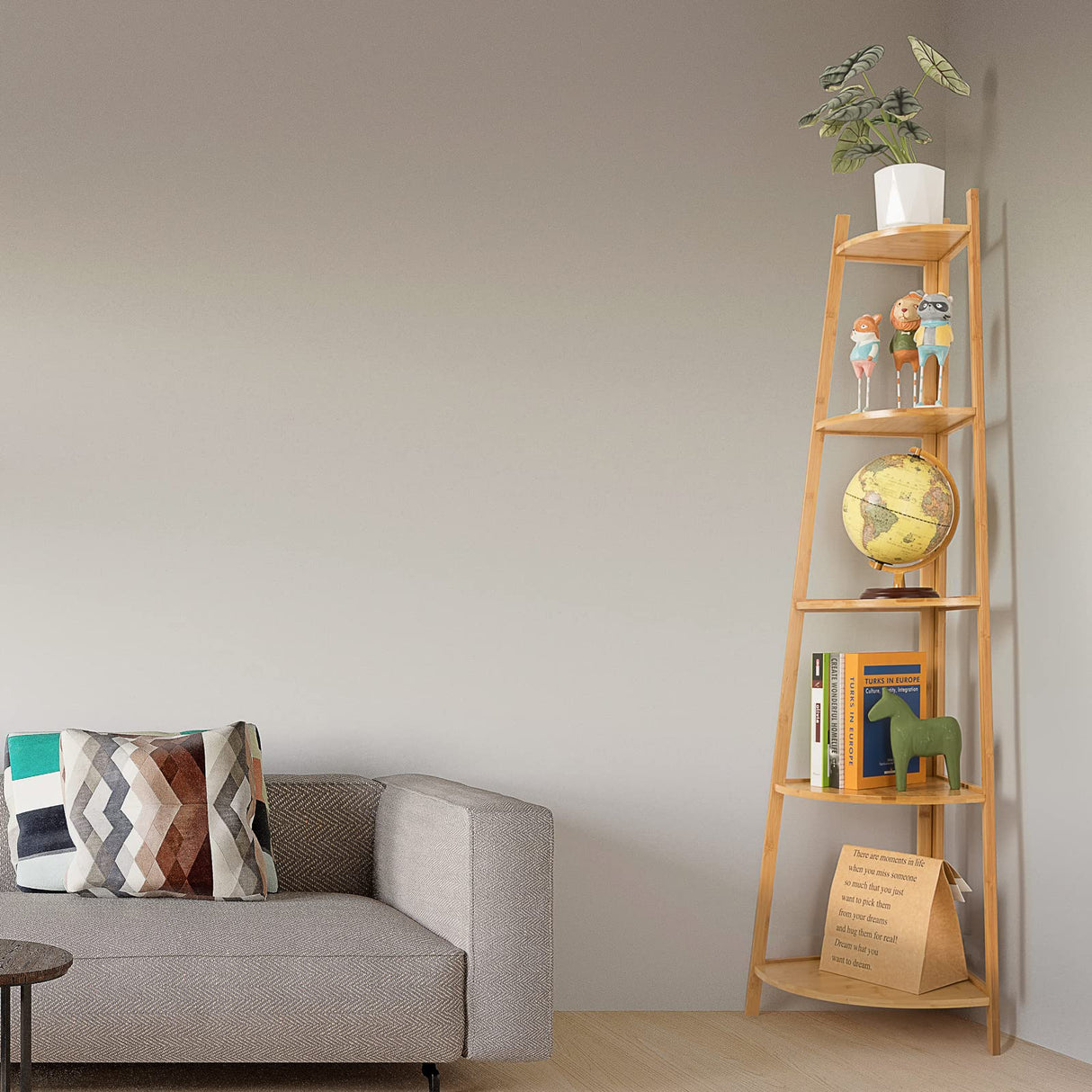 DRDINGRUI Bamboo Corner Shelf Stand for Display, 59'' Tall Storage Rack, 5-Tier Shelf for Organize DRDINGRUI