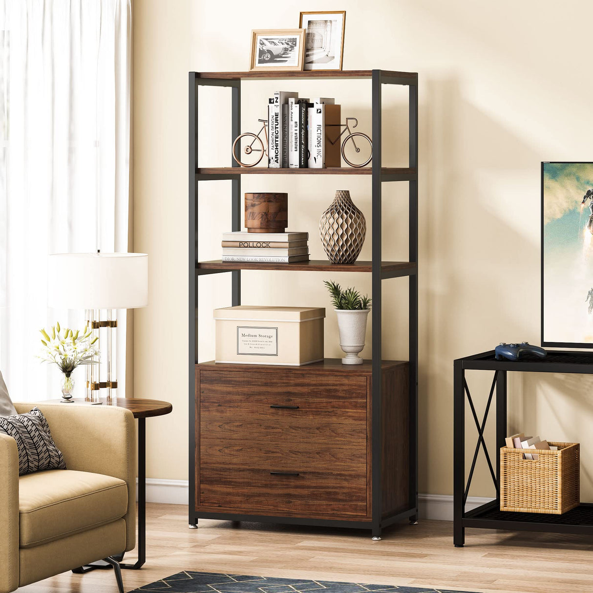 Tribesigns Rustic 4-Tier Bookcase with 2 Storage Drawers for Home Office Tribesigns