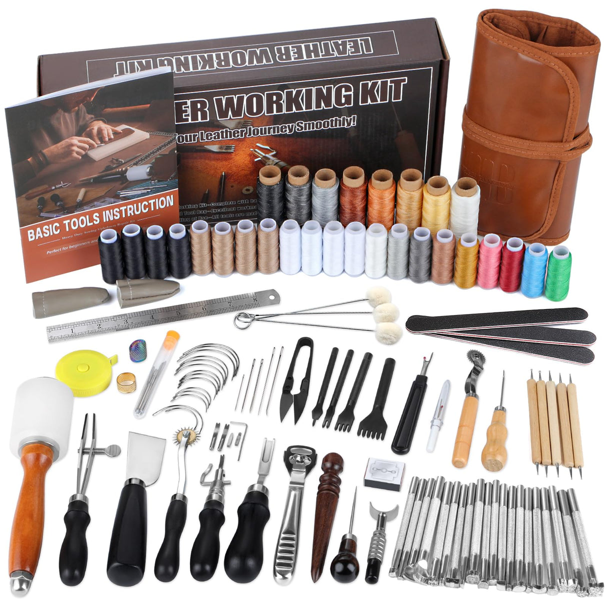 BUTUZE Leather Kit, Leather Tooling Kit, Practical Leather Working Tools with Leather Stamping Tools, Beveler, Groover, Stitching Punch Sewing Thread and Needles - Leather Roll Bag and Manual BUTUZE