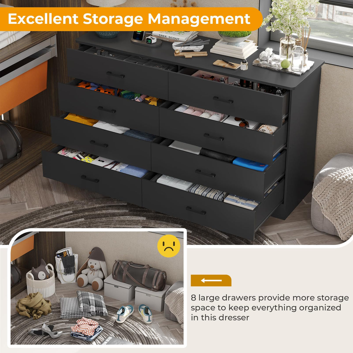Hasuit 8 Drawer Dresser for Bedroom, Large Chest of Drawers with Charging Station, 55.1'' Wide Storage Clothes Closet Organizer, Long Dresser TV Stand for Living Room, Black Hasuit