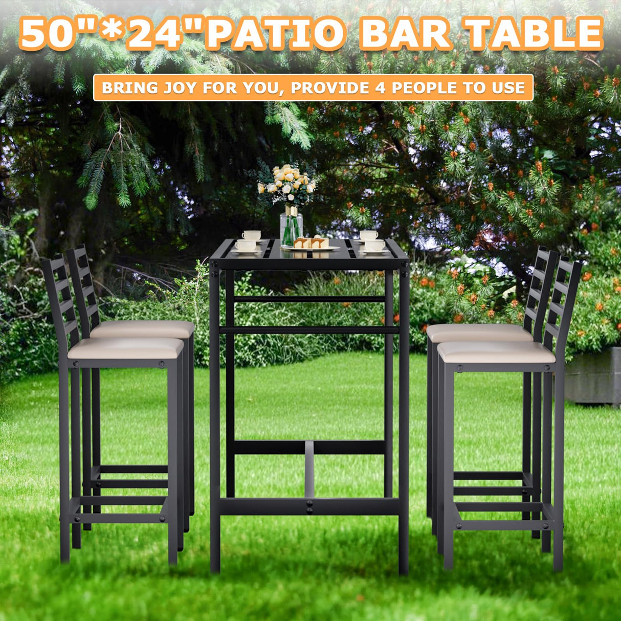 Jinrrenyi 5 Piece Outdoor Patio Bar Set, 54.7" Rectangular Counter Height High Top Bar Tables, 4 Cushioned 41" Bar Stools, Metal Bar Table and Chairs Set for Poolside, Balcony, Backyard, Porch Jinrrenyi