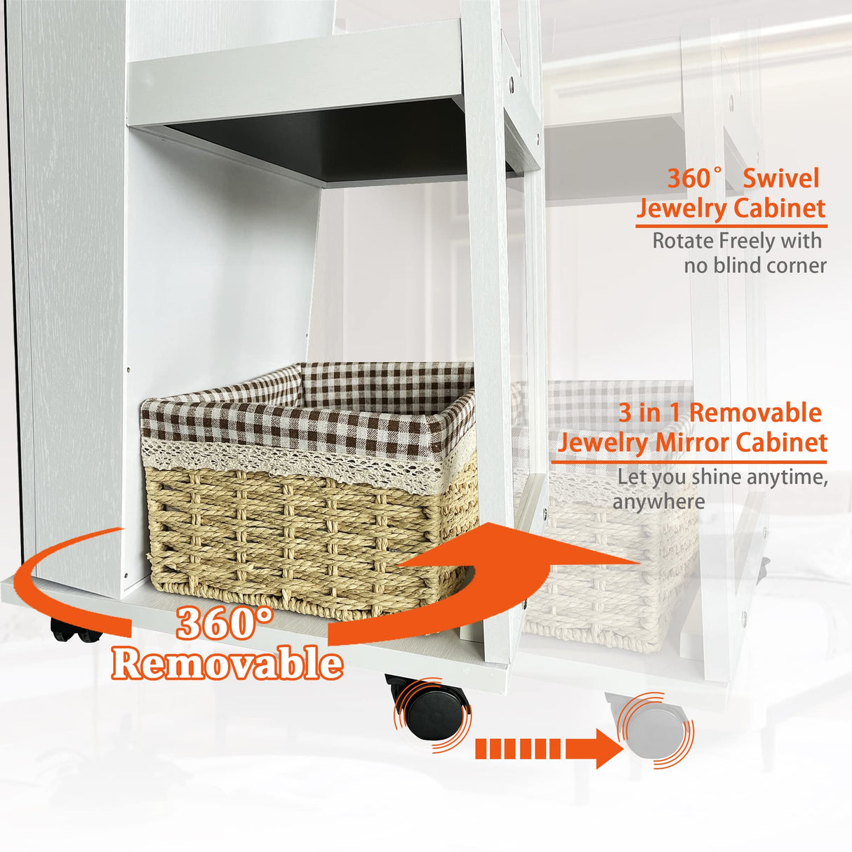 Lvifur 360° Rotating 64'' Jewelry Armoire with 6 LEDS, Full Length Mirror Large Capacity Jewelry Organizer Armoire, Lockable Floor Standing Mirror with 4 rollers for Bedroom, Cloakroom Lvifur