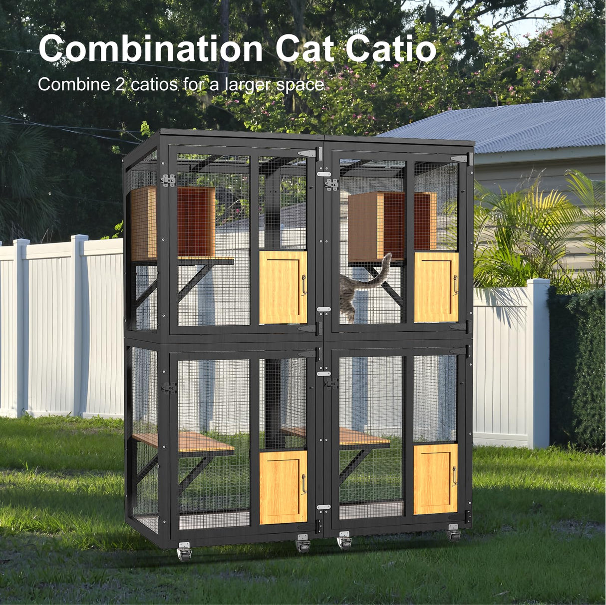 TIMHAKA Cat Catio Outdoor Enclosure, 4 Tiers Cat Playen Catio with Wheels, Resting Box, Sunshine Panel Waterproof Roof, Large Pet House Cage with Removable Wood Bottom and Easy Clean PVC Layer, Black TIMHAKA