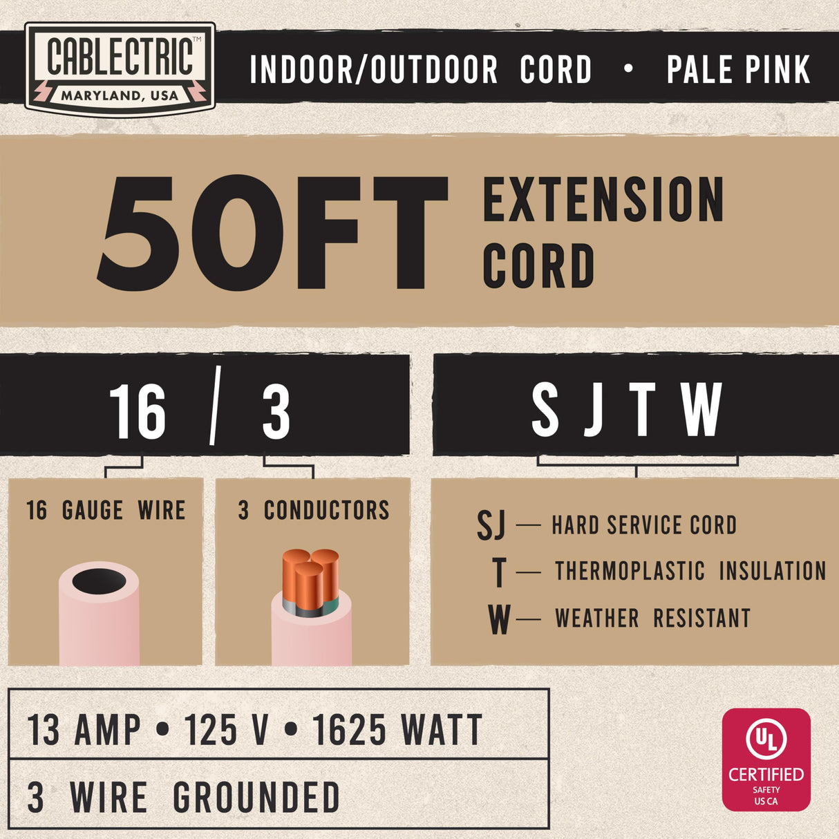 Cablectric Outdoor Extension Cord 50 ft - 16 Gauge 13 Amp Heavy Duty Power Extension Cords - SJTW - Great for Small Appliances, Outdoor Lights, Garden Supplies - Pink Cablectric