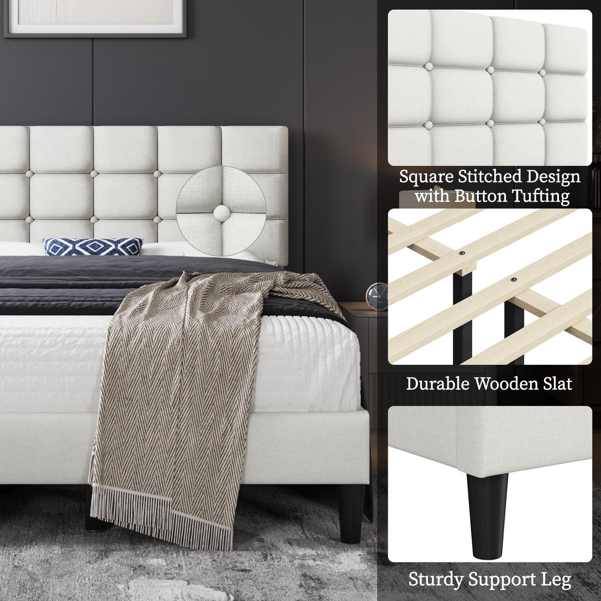 Yaheetech Upholstered Bed Frame, Modern Full Bed Platform with Square Stitched&Button Tufting Headboard Height Adjustable, Wooden Slats Support, No Box Spring Needed, Full Size, Beige Yaheetech
