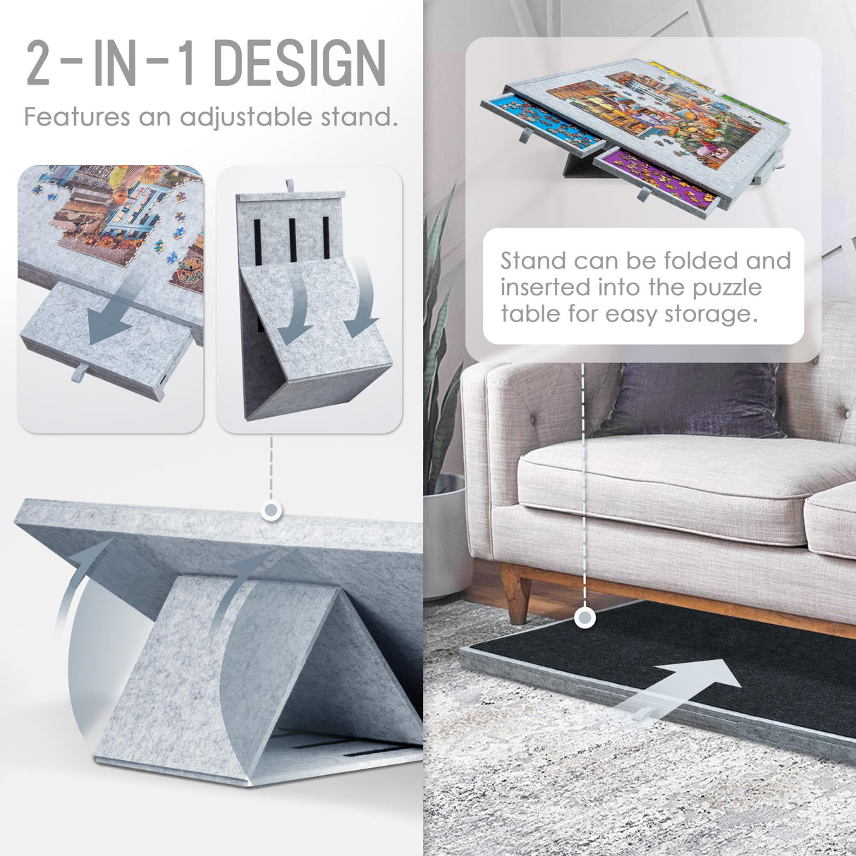 Tektalk Jigsaw Puzzle Table with Integrated Adjustable Stand/Bracket, 3-Tilting-Angle Super Lightweight Felt Puzzle Plateau Board with Cover & 4 Sorting Drawers, for Up to 1500 Pieces - Light Gray Tektalk