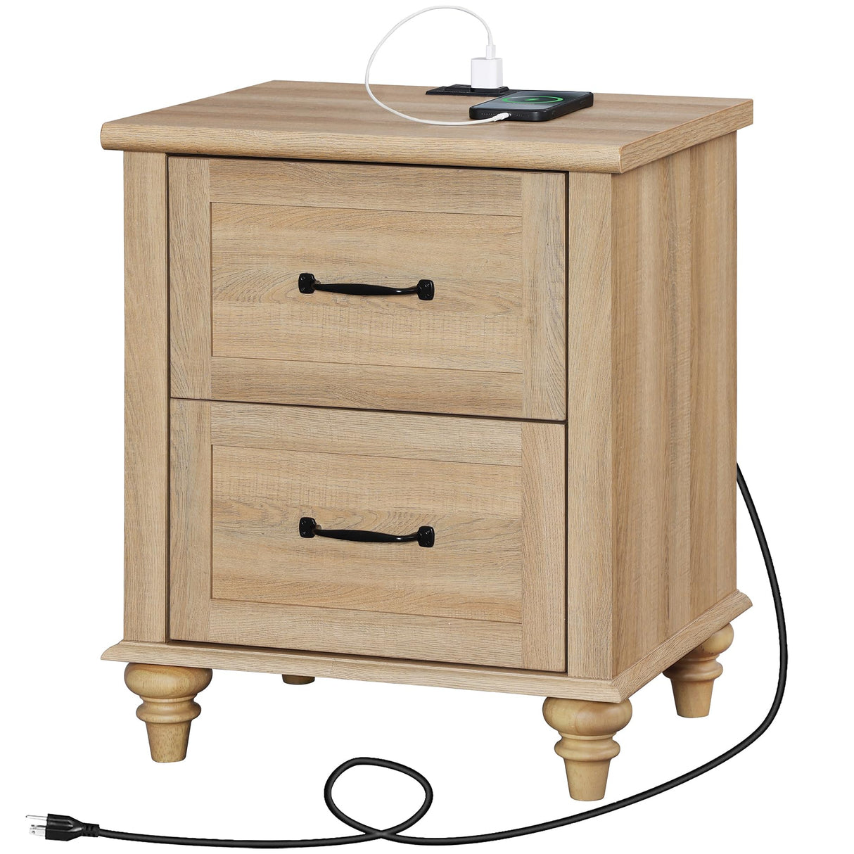 WAMPAT Nightstand Side Table with Charging Station, Light Wood End Table with 2 Drawers for Living Room, Farmhouse Night Stand Bedside Table for Bedroom, Oak WAMPAT