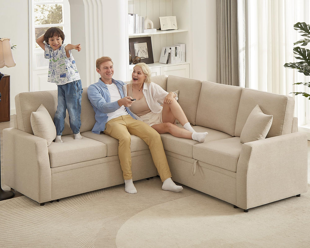 AMERLIFE 85 Inch Sofa Bed, Oversized L Shape Couch with Pull Out Bed & Storage Seat, Oversized Reversible Sleeper Sofa for Living Room Apartment, Beige Linen Couch AMERLIFE