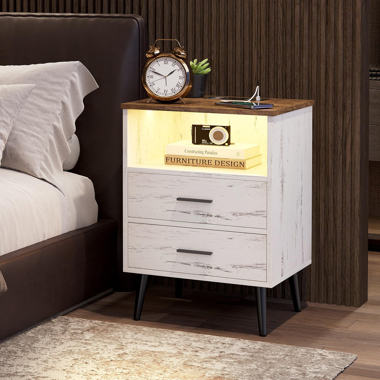 LVSOMT White Nightstand with Charging Station and LED Lights, Modern Bedside Table Smart Night Stand, End Side Table with 2 Drawers, Open Storage Shelf, USB Port for Bedroom LVSOMT