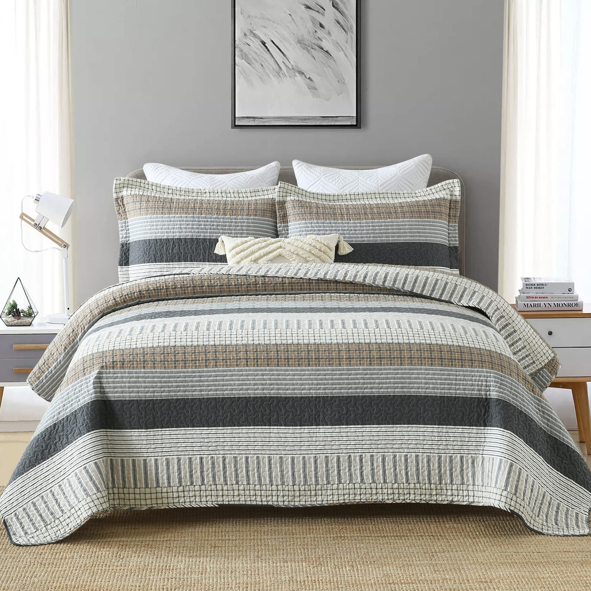 PANGUSHAN 100% Cotton Quilt Set King Size, Patchwork King Quilt Bedding Set Bedspreads, Farmhouse Lightweight Comforter Reversible Quilt, White/Brown/Grey Bed Spread for All Season, 3 Pieces PANGUSHAN