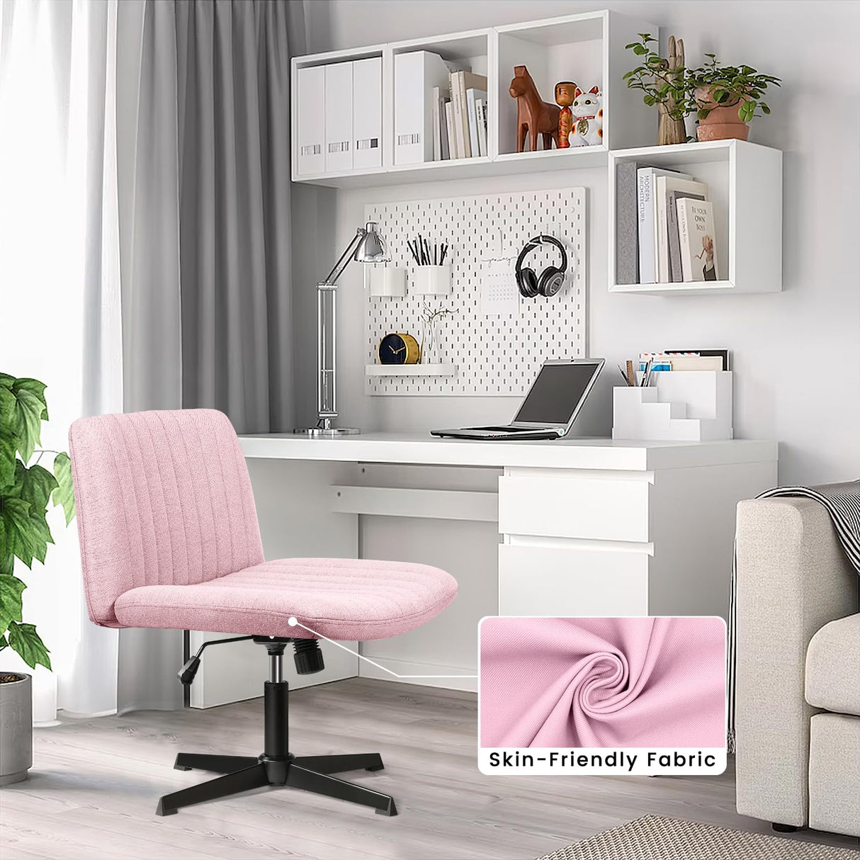 PUKAMI Criss Cross Chair,Armless Cross Legged Office Desk Chair No Wheels,Fabric Padded Modern Swivel Height Adjustable Mid Back Wide Seat Computer Task Vanity Chair for Home Office(Pink) PUKAMI