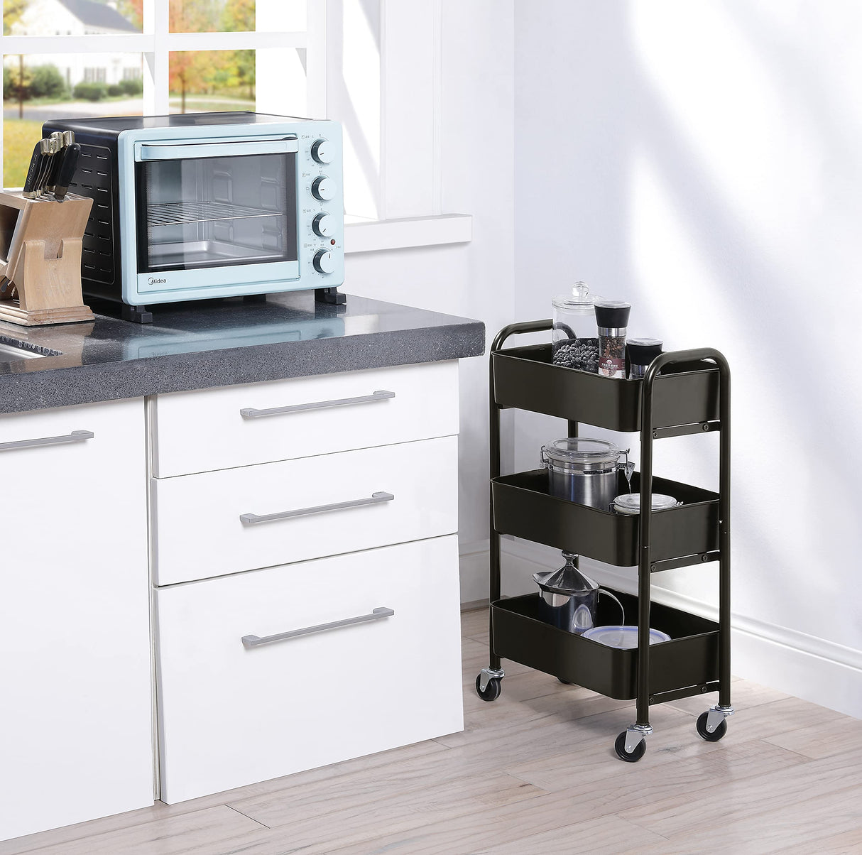 SunnyPoint 3-Tier Delicate Compact Rolling Metal Storage Organizer - Mobile Utility Cart Kitchen/Under Desk Cart with Caster Wheels (BLK, Compact (15.5" X 26.8" X 10.27")) SunnyPoint