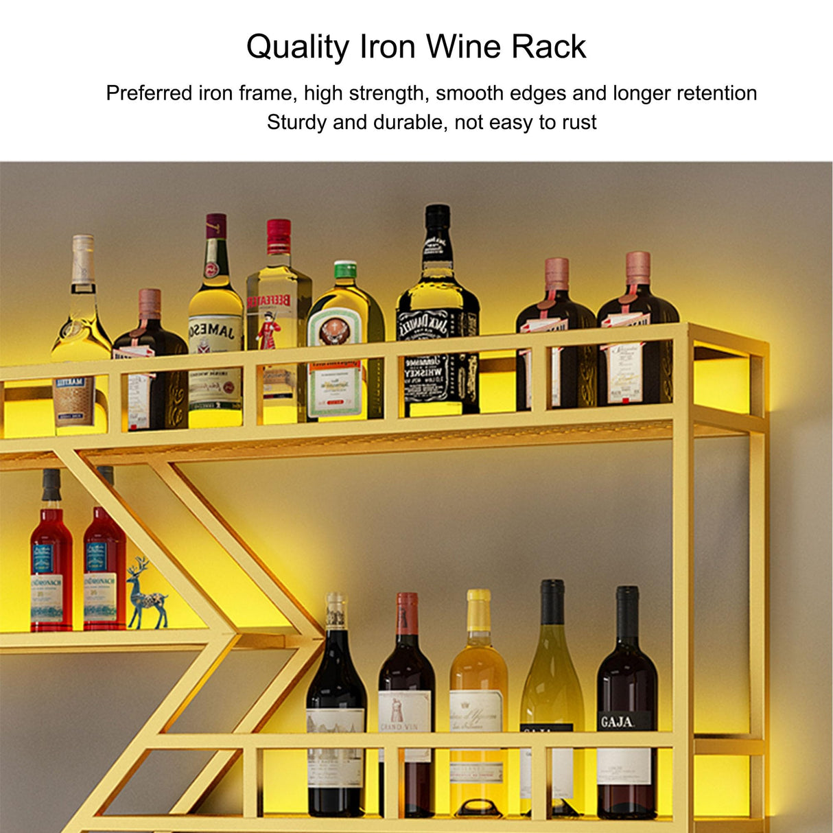 Wine Rack Wall Mounted Bar Shelves with Hanging Wine Glass Holder Rack and LED Light Liquor Bottle Display Shelf Floating Bar Shelves Whiskey Shelf Kitchen Wall Cabinet for Home Bar Cafe Dining Room ( JOSIAHCQ