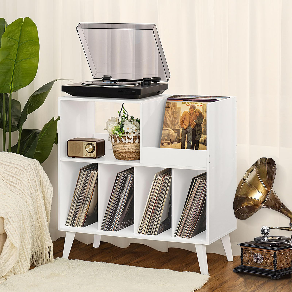 LELELINKY Large Record Player Stand, Turntable Stand with Storage, Vinyl Record Holder with Display Area, Record Player Table Holds Up to 300 Albums, Record Stand for Music room Living Room-White LELELINKY