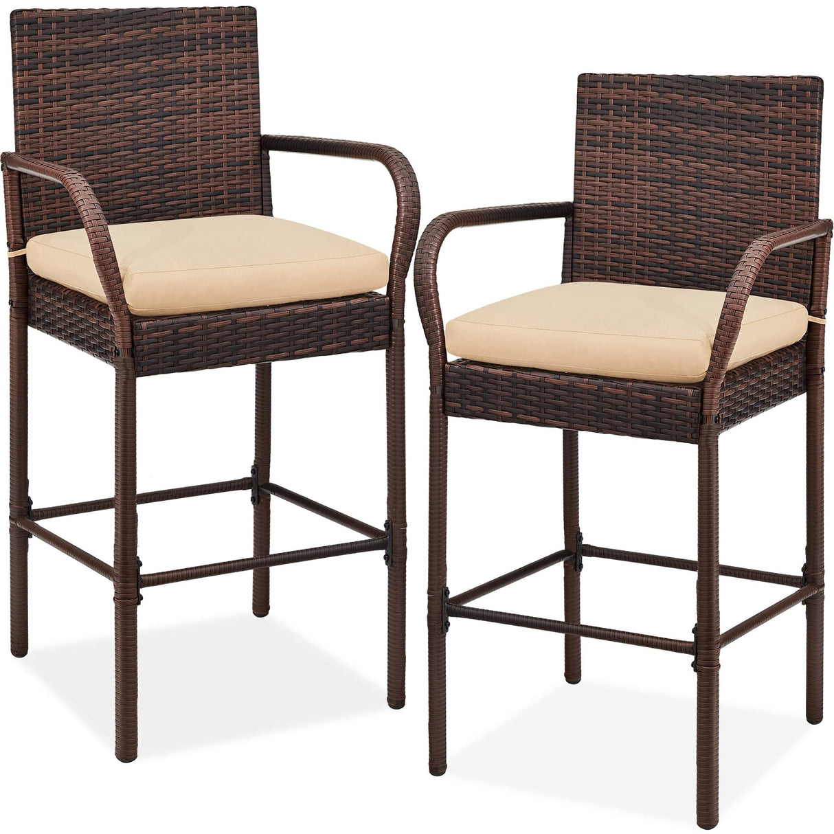 Best Choice Products Set of 2 Wicker Bar Stools, Indoor Outdoor Bar Height Chairs w/Cushion, Footrests, Armrests for Backyard, Patio, Pool, Garden, Deck - Brown Best Choice Products