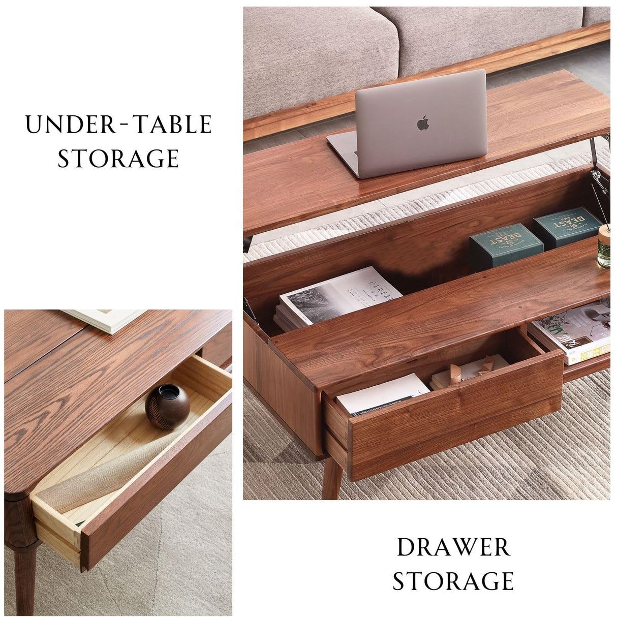 Wayshome 100% Solid Oak Lift Top Coffee Table with Hidden Compartment and Storage Shelf,Living Room Dining Table and Desk (47.24inch) Wayshome