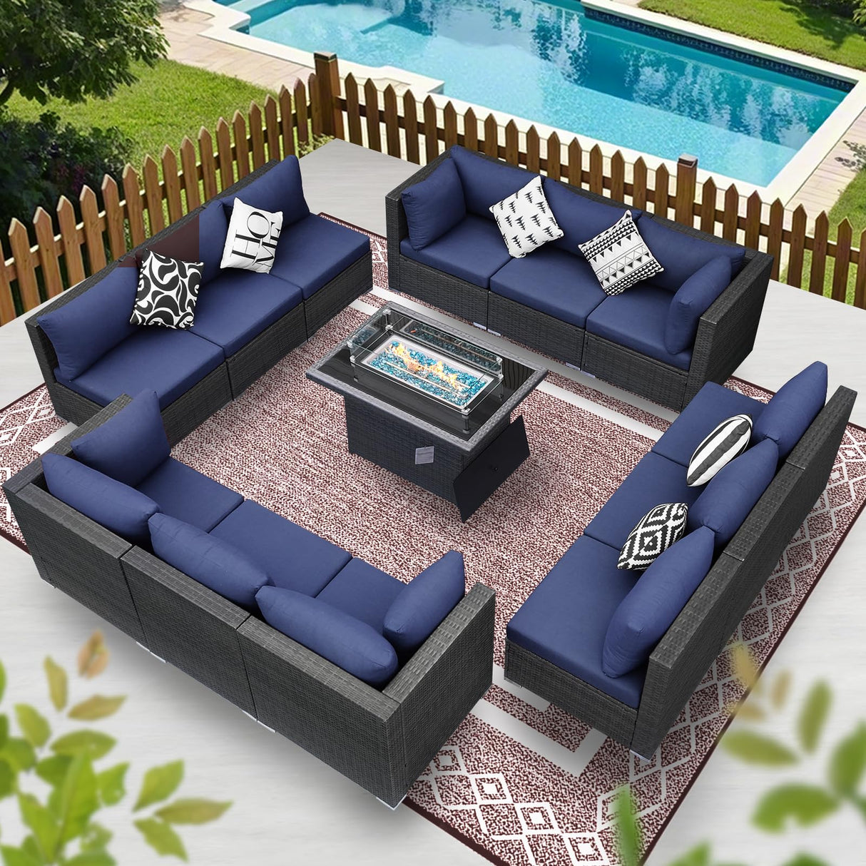 BULEXYARD 13 Piece High Back Outdoor Furniture Sets with Fire Pit, Luxury Patio Sectional Couch Sofa 12-Seater Modular, Comfortable Extra Large Wide Deep Backyard Seating Conversation Set, Grey & Blue BULEXYARD