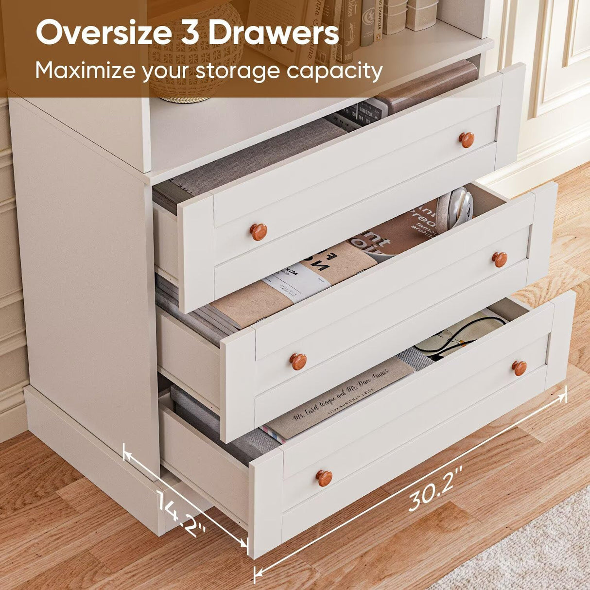 Vyre 71" Tall Farmhouse Bookshelves with Drawers, Large Modular Bookcase with Adjustable Shelves, Storage Cabinet for Living Room, Kitchen, Home Office, White Vyre