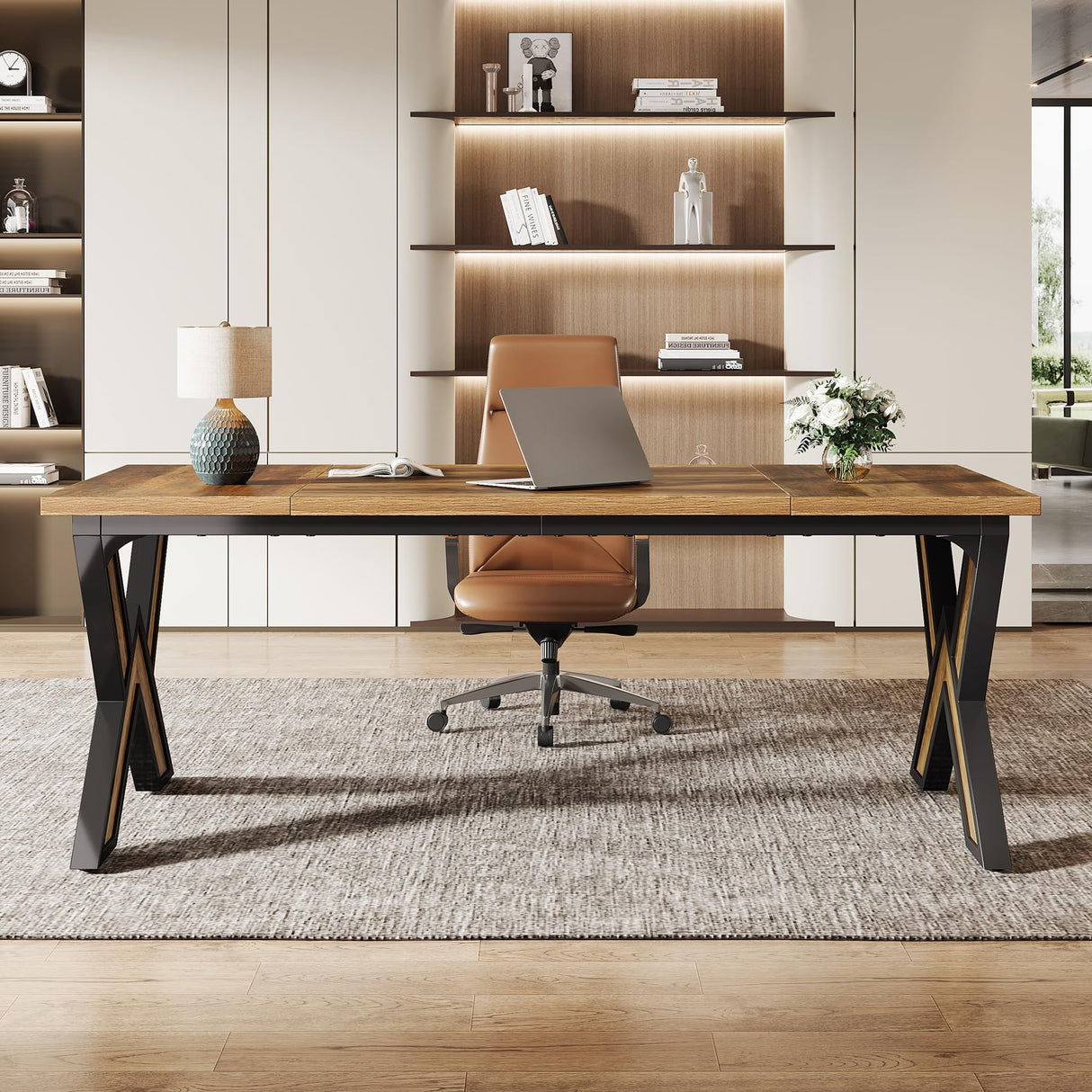 Tribesigns 63 Inches Large Office Desk, Modern Executive Computer Desk with Thickened Frame and Board, Executive Office Desk Workstation Business Office Furniture, Rustic Brown & Black Tribesigns