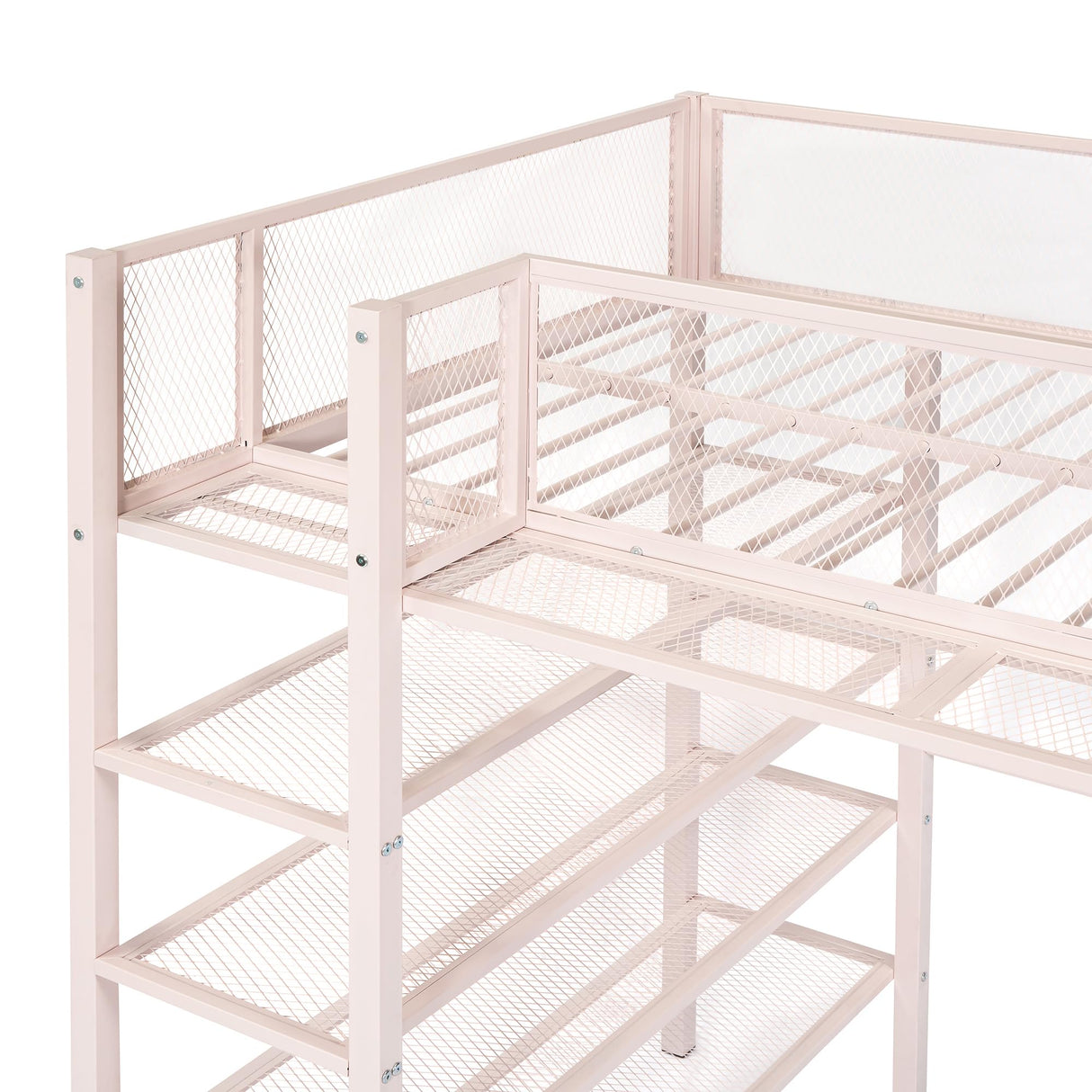YOPTO Tiwn Size Metal Loft Bed with 4-Tier Shelves and Storage,Heavy Duty Metal Loft Bed Frame w/Bookshelf,No Box Spring Needed,for Kids Teens Adults,Pink YOPTO