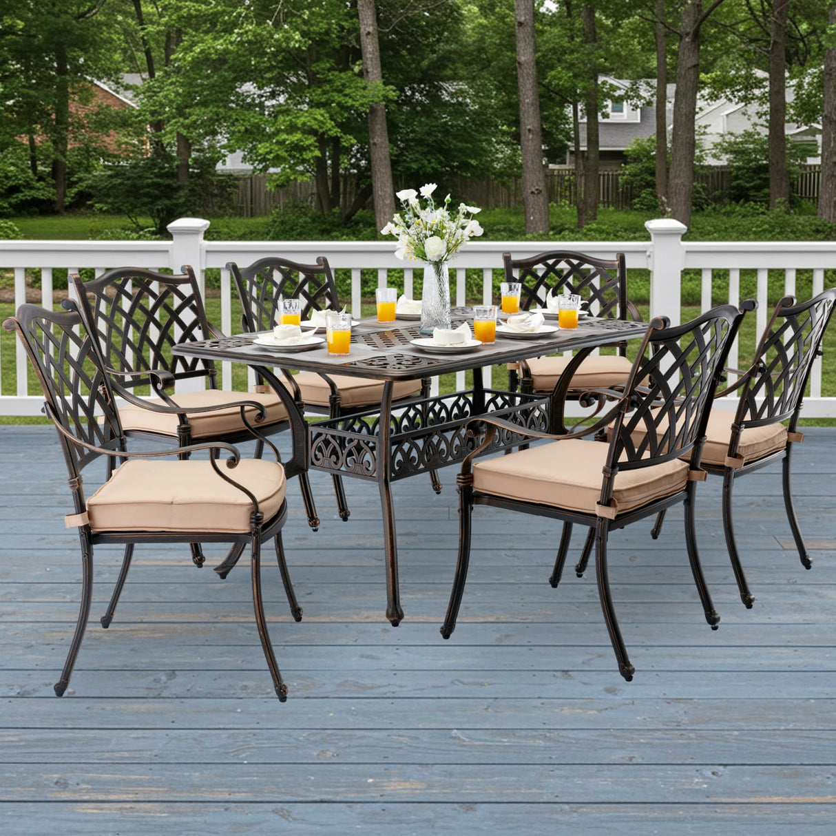 AIWOEN 7-Piece Cast Aluminum Patio Furniture, Patio Dining Set for 6 Include 59" Rectangular Outdoor Dining Table and 6 Stackable Chairs with Cushions & Umbrella Hole (Bronze) AIWOEN