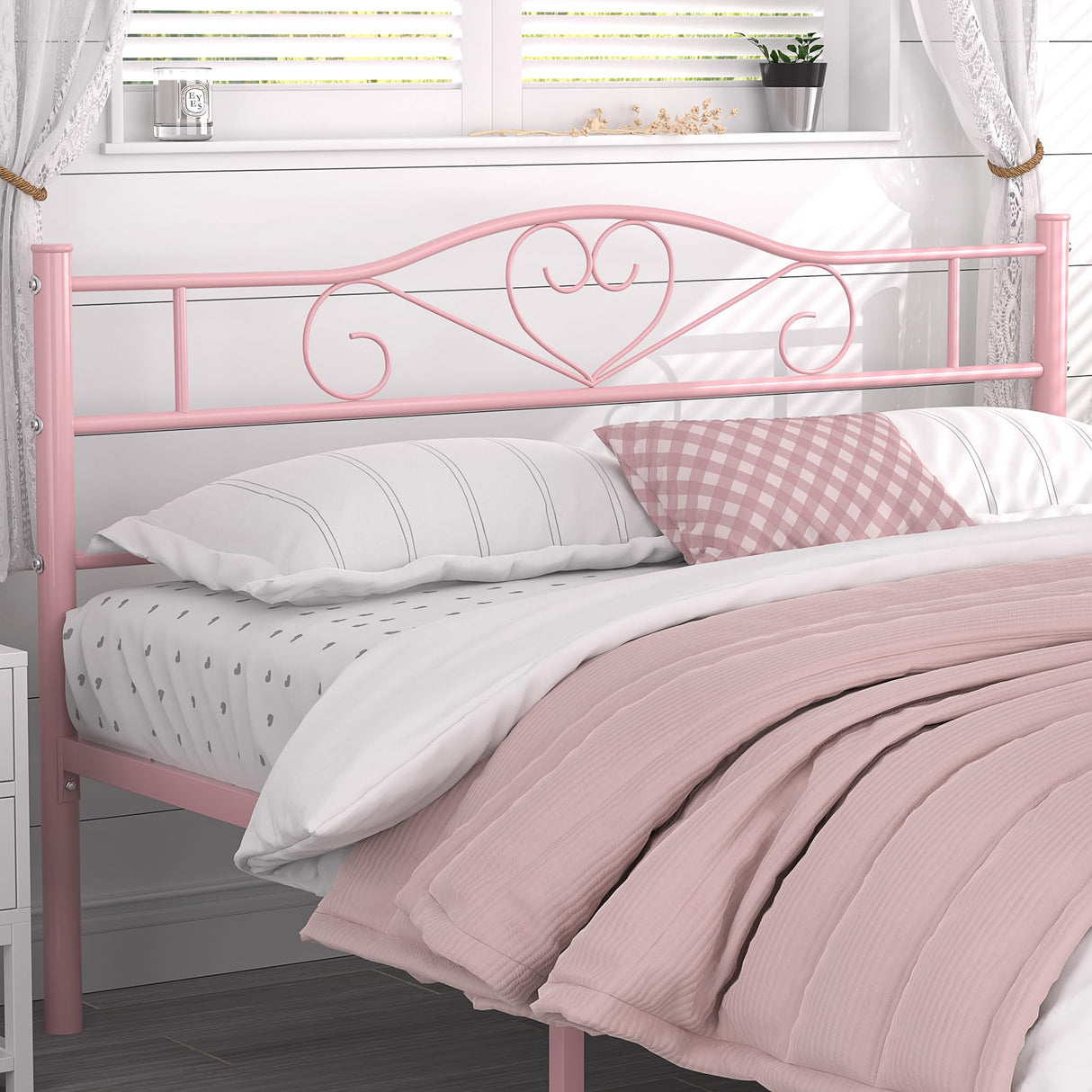 VECELO 14 Inch Full Size Metal Platform Bed Frame with Headboard and Footboard, Heavy Duty Mattress Foundation with Steel Slats Support, No Box Spring Needed, Pink VECELO