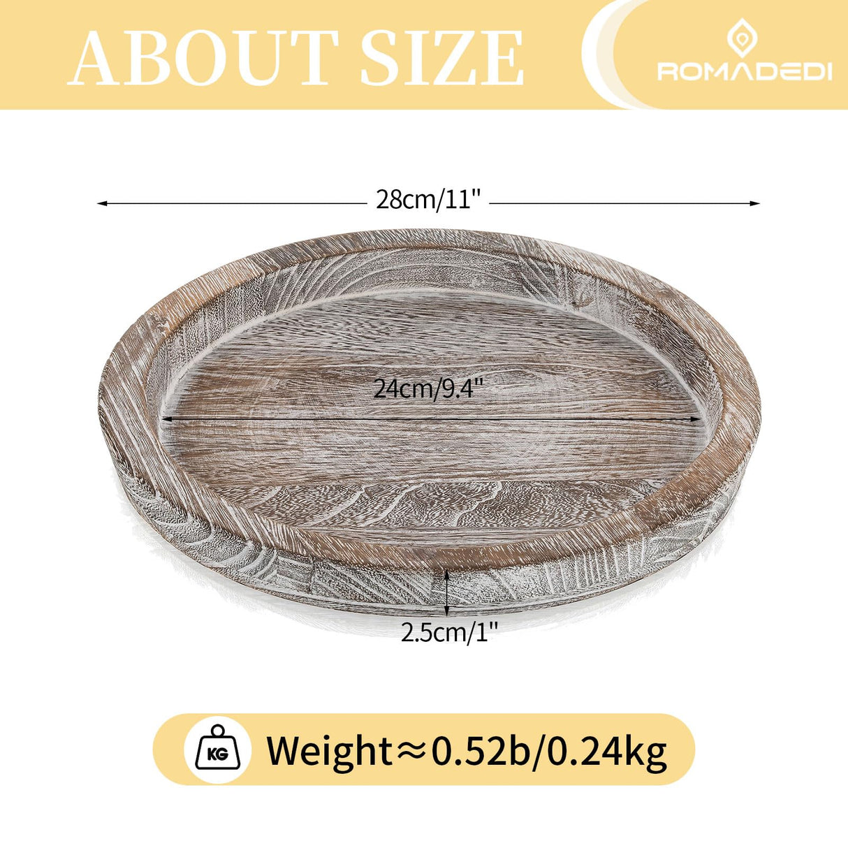 Wooden Decorative Tray Candle Holder: Romadedi Round Wood Tray Home Decor, Whitewash Rustic Trays for Farmhouse Dinning Table Kitchen Countertop Coffee Table Wedding Centerpiece, 11inch, Size L Romadedi