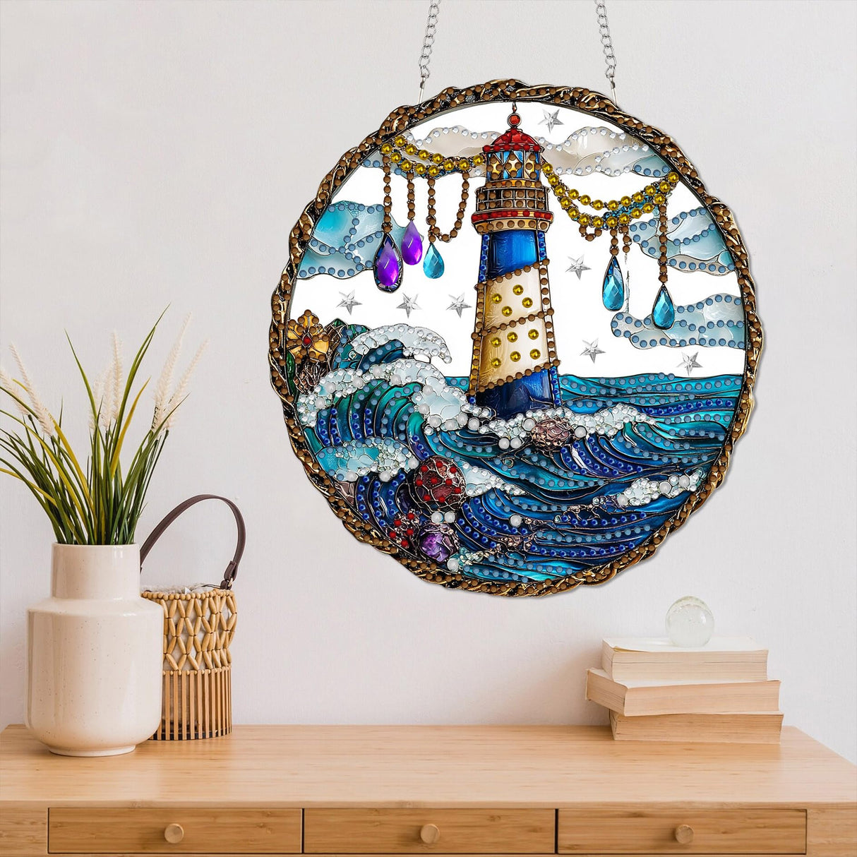 Diymood DIY Hanging Diamond Art Kits for Adults Lighthouse, Diamond Painting Kit Pendant Special Shaped Double Sided Acrylic Sun Catcher Board Wreath Pendants Canvas Window Wall Decor 8 x 8 Inch Diymood