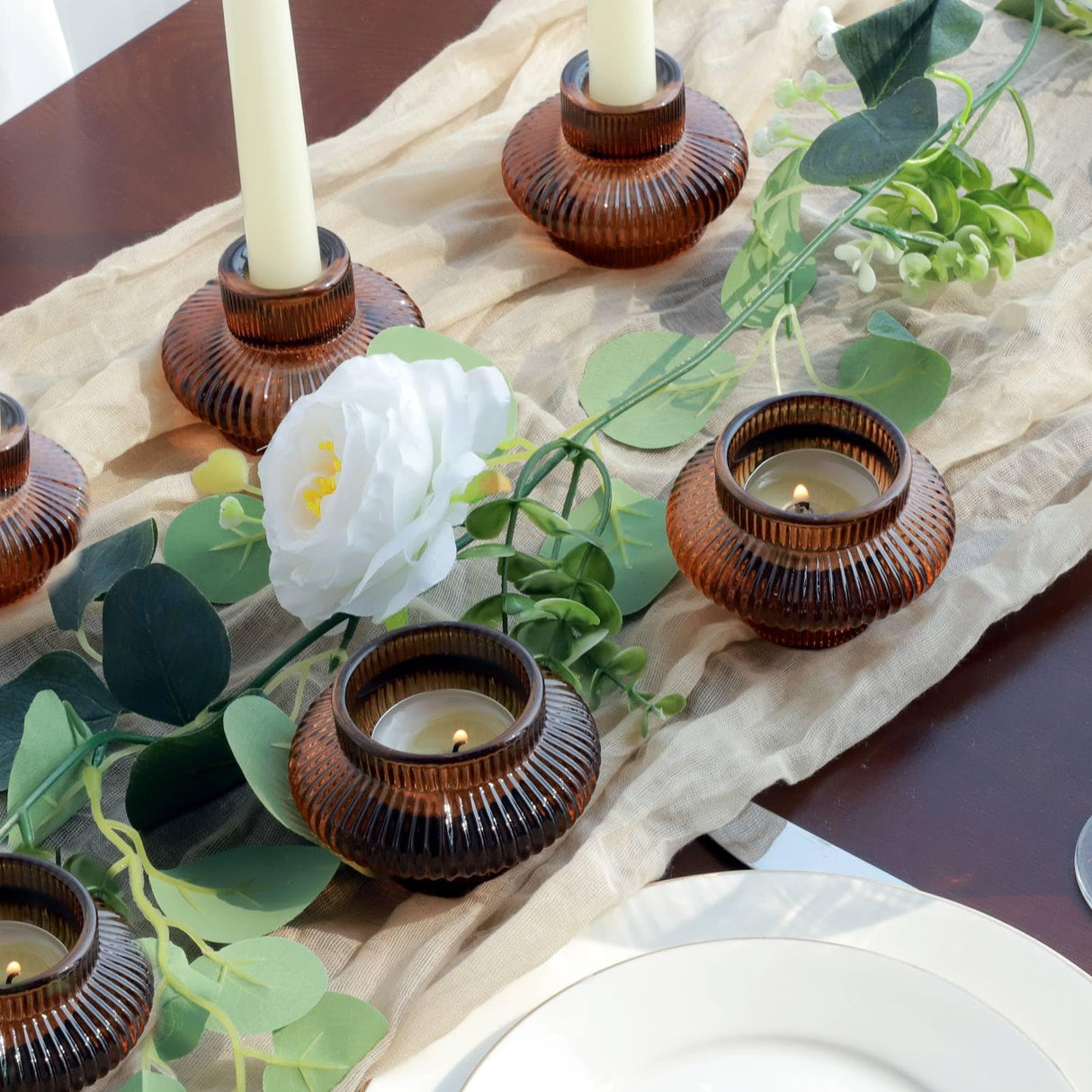 VOHO Brown Candlestick Holders Set of 6, Old Fashioned Candle Sticks Holder Decor for Daily Room/Halloween/Thanksgiving Party, Double Side Taper Candle Holders for Candlesticks/Tealight Candles(Brown) VOHO