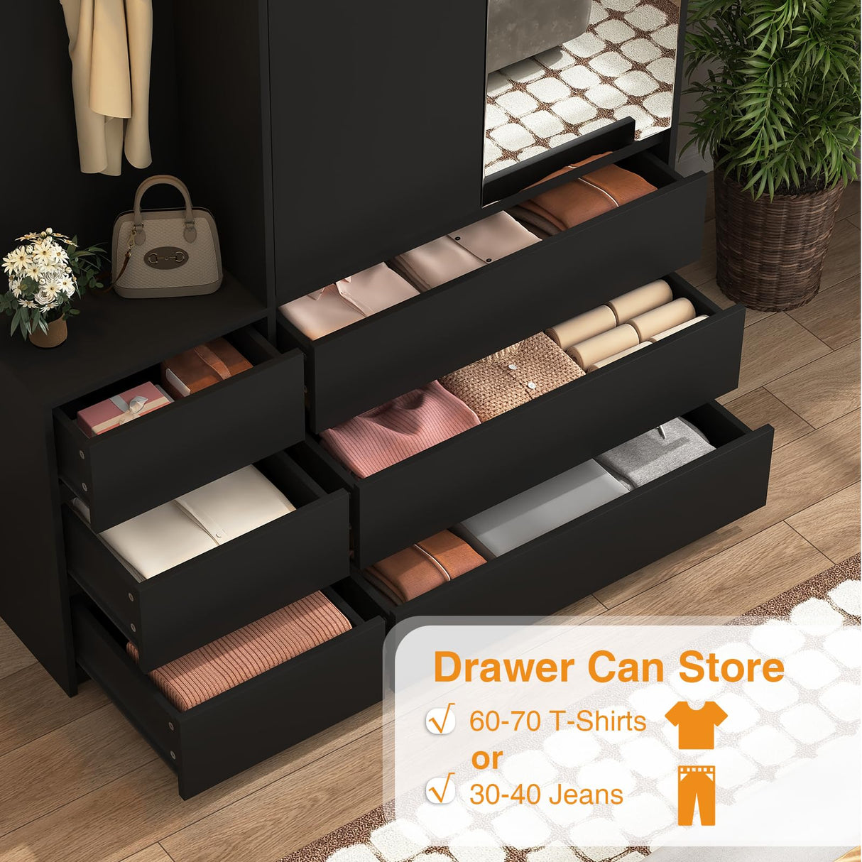 Armoire Wardrobe Closet with Mirror Door and LED Light, Bedroom Armoire with 6 Drawers, Modern Wooden Large Wardrobe Closet with Shelves, Wooden Armoire with Hanging Rod for Bedroom(Black) CORAZAZA