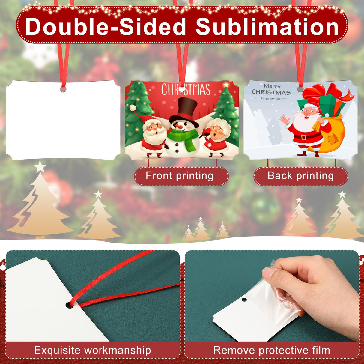 Zeyune 48 Pcs Christmas Sublimation Ornament Blanks 3.5"x2.48" Rectangle Double Sided Blanks Christmas Hanging Ornament Blank Personalized Sublimation Blank with Rope DIY for Christmas Tree Decoration Zeyune