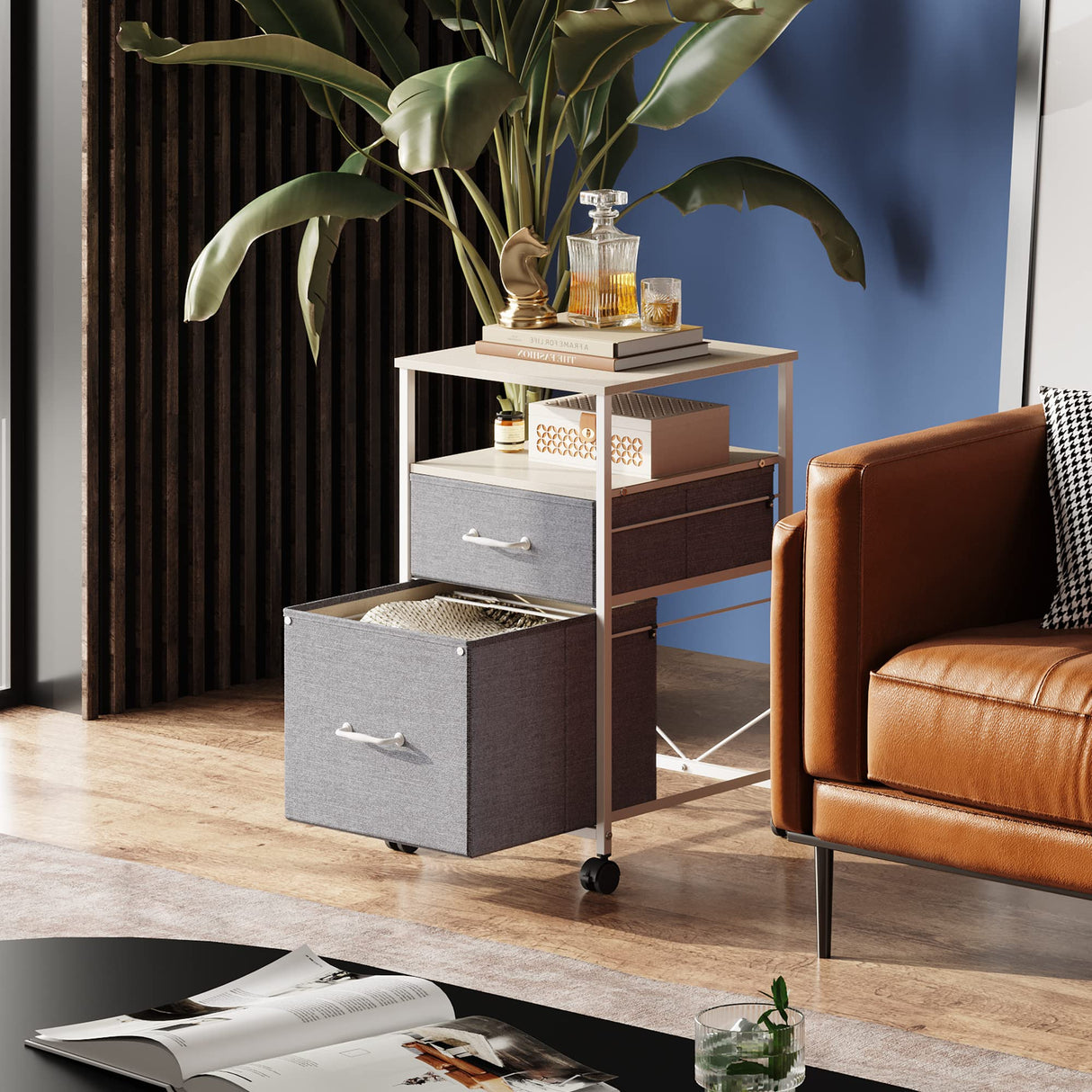 DEVAISE 2 Drawer Mobile File Cabinet, Rolling Printer Stand with Open Storage Shelf, Fabric Vertical Filing Cabinet fits A4 or Letter Size for Home Office, Light Grey DEVAISE