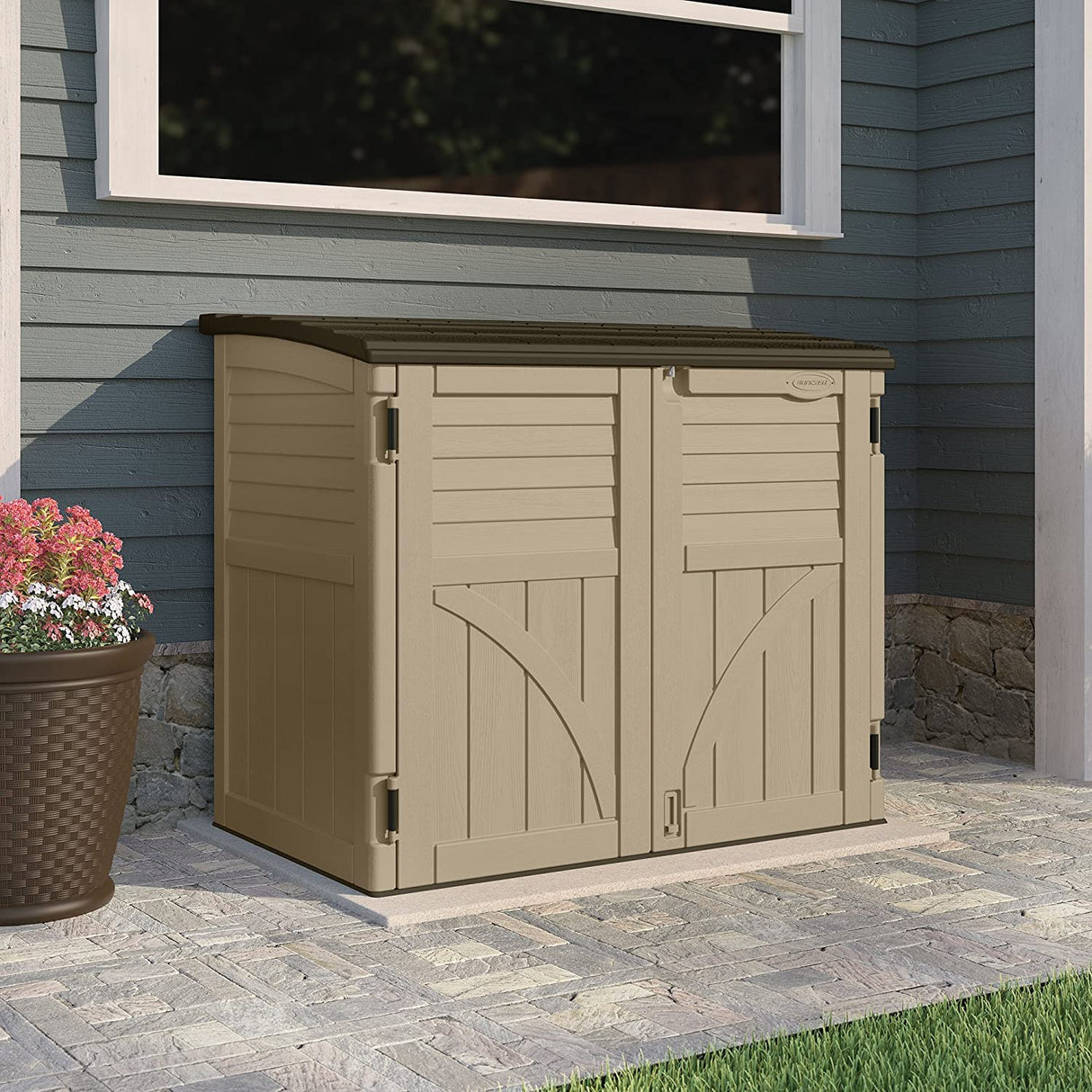 Suncast Horizontal Shed, Compact Outdoor Storage System, 34 Cu. Ft. Capacity, Sand & Slate - Lockable Multi-Wall Resin Organizer for Garbage Cans, Garden Tools, Bins, Bikes and Yard Equipment Suncast