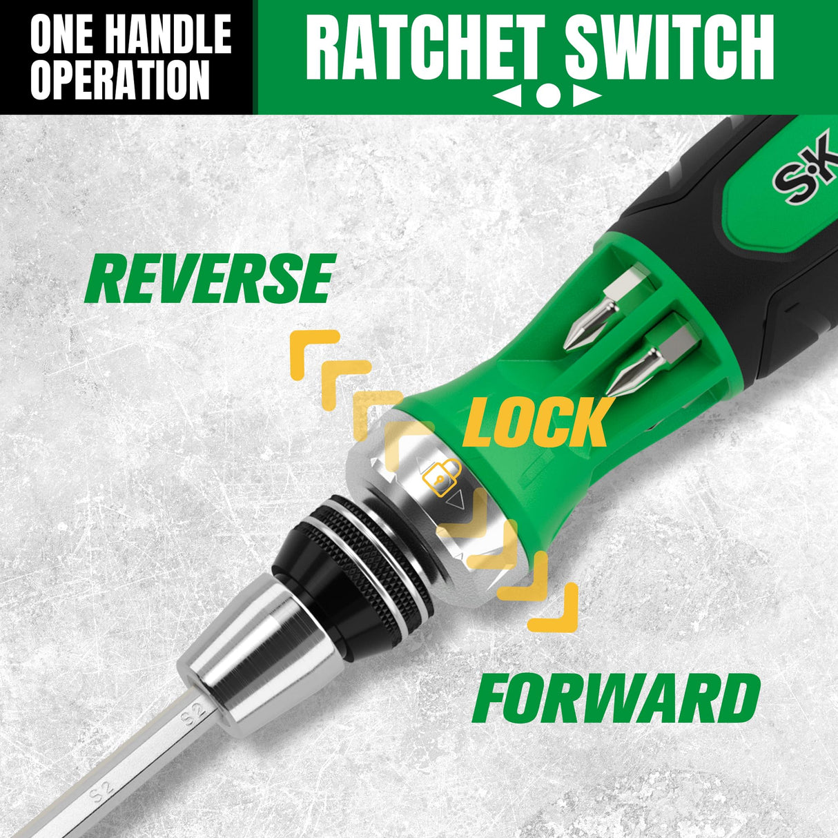 SK 12-in-1 Ratcheting Screwdriver, 216-P, Multi-bit Driver with Quick-Load Mechanism, S2 Steel, with Phillips, Slotted, Star, Square Bits Stored in Handle SK