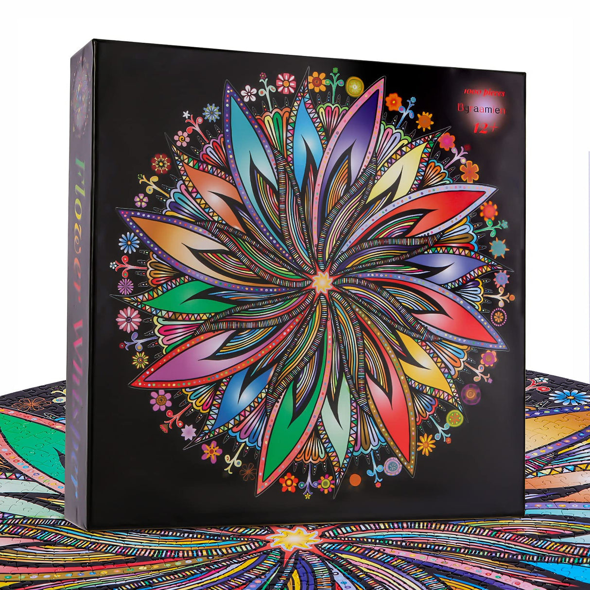 Bgraamiens Puzzle-Blooming Flowers-1000 Pieces Creative Geometric Round Blue Board Colorful Mandala Jigsaw Puzzle Bgraamiens