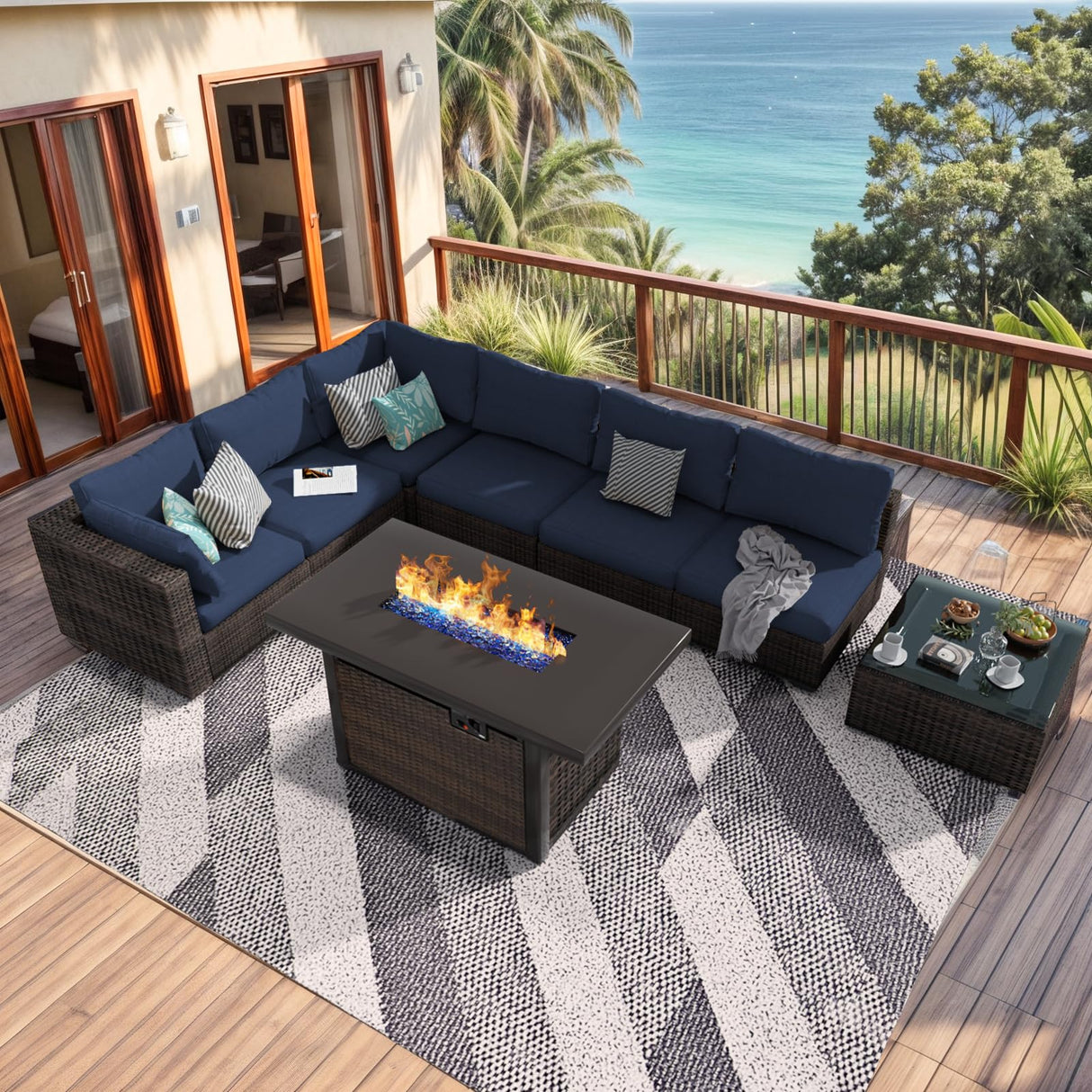 GREZJXC 8 Pieces Outdoor Sectional Patio Furniture Set with Fire Pit Table,PE Rattan Wicker Patio Sectional Conversation Set with Cushions and Glass Coffee Table Blue GREZJXC