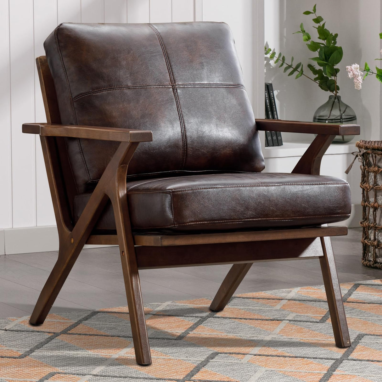 INZOY Mid-Century Modern Accent Chair with Wood Frame, PU Leather Living Room Chair and Soft Thick Padded Armchair for Living Room Bedroom Reception with Removable Upholstered Cushions, Brown INZOY