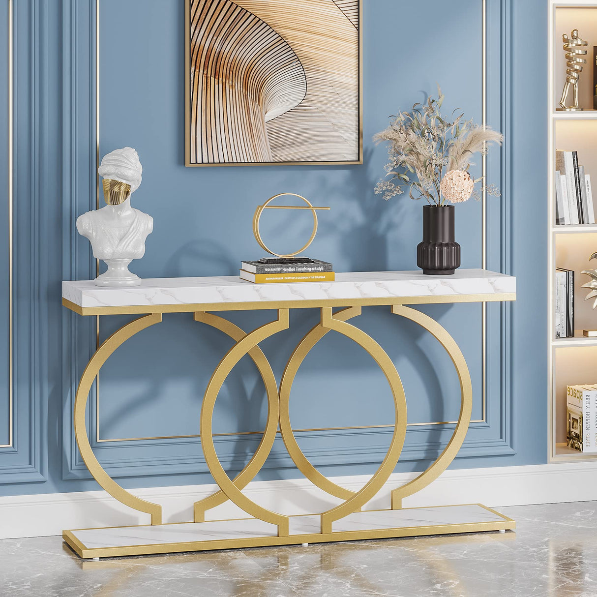 Tribesigns Gold Console Table, 55 inch Faux Marble Entryway Table Narrow Long Sofa Table, Modern Accent Table for Living Room, Entrance Table Geometric Metal Frame, White and Gold Tribesigns